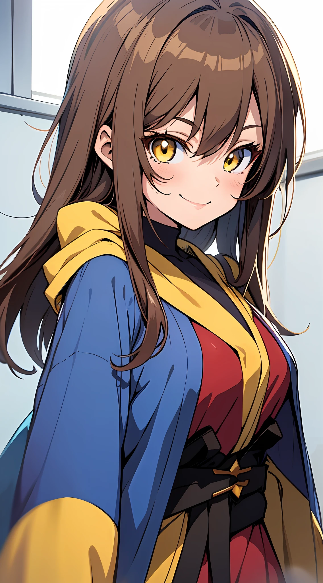 anime girl, dark brown hair, yellow eyes, blue robe ,anime style simple coloring, flat anime style, smiling