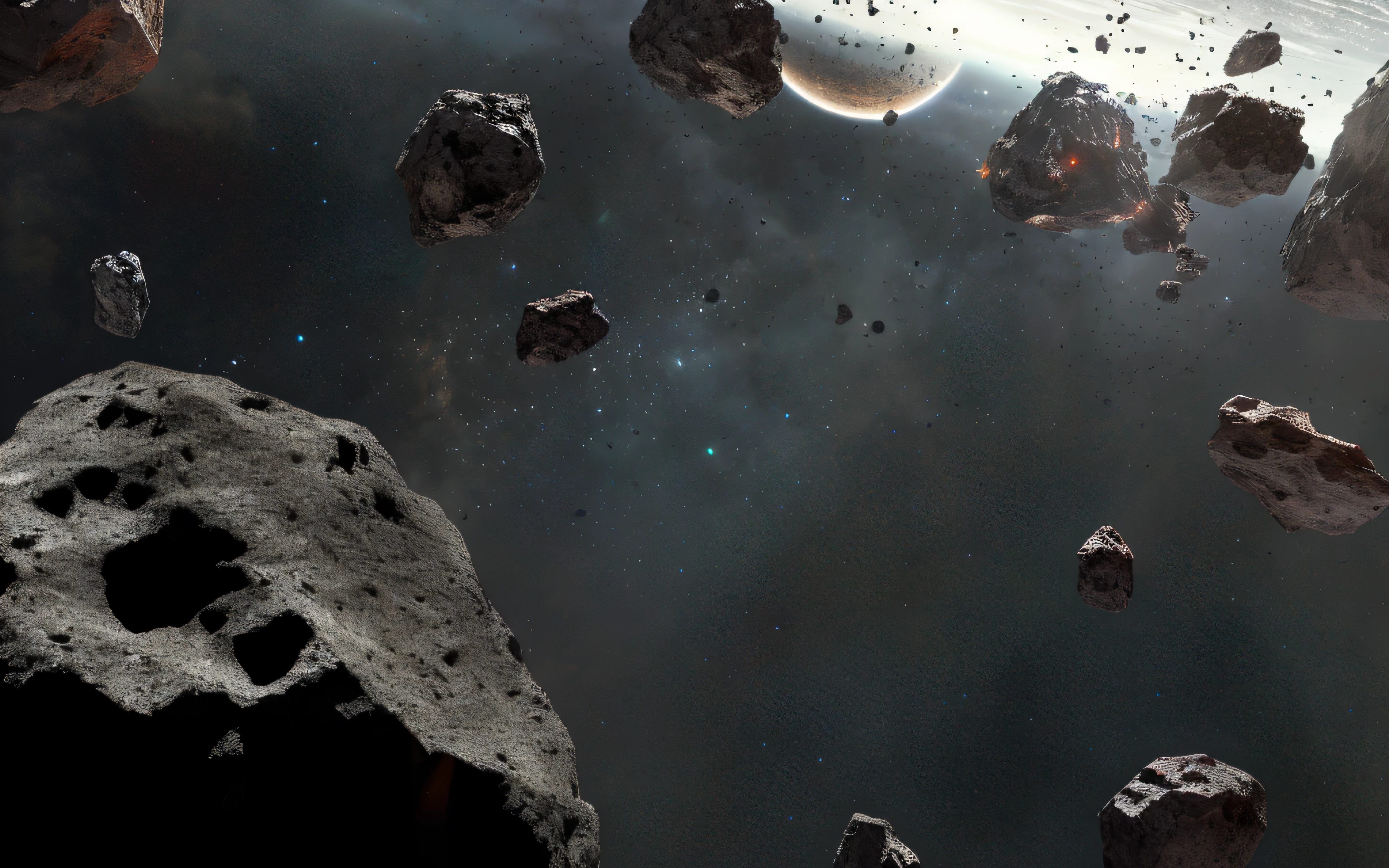 There are a lot of small stones and small stones in the space, asteroids realistic cinematic, asteroids, On the surface of an asteroid, The asteroid belt in the distance, Asteroid belt, star citizen concept art, metallic asteroid, star citizen digital art, Meteor Fall, spaceships flying in background, meteors are falling from the sky, spaceships flying around, cinematic space scenery