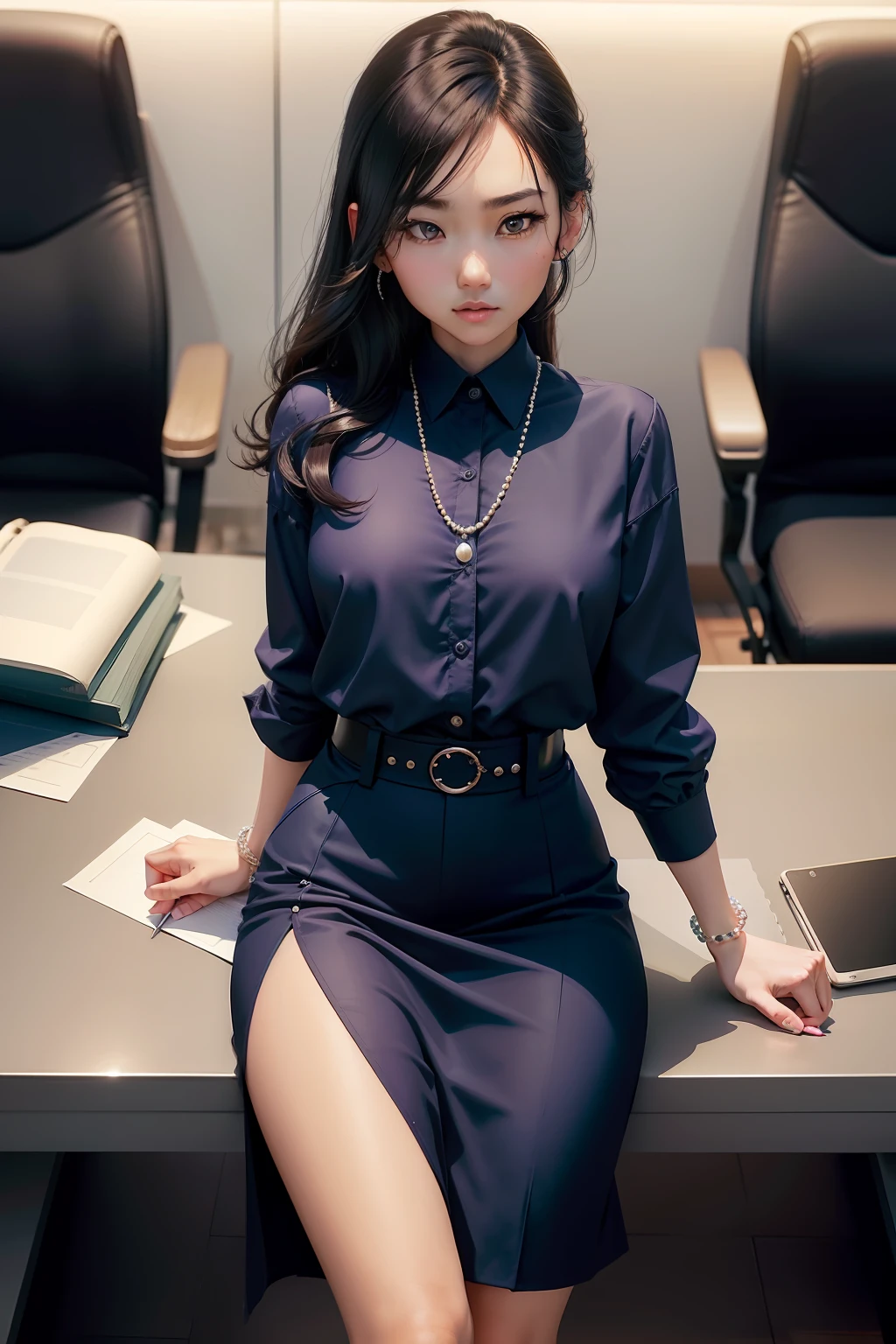 In a bright conference room,The heroine(asiagirl)Wear a regular navy blue shirt,With a pearl necklace,Sit behind the conference table,Look at the materials on the table,The tall and stylishly dressed female second sat on the left side of the heroine,Carefully looked at the heroine
