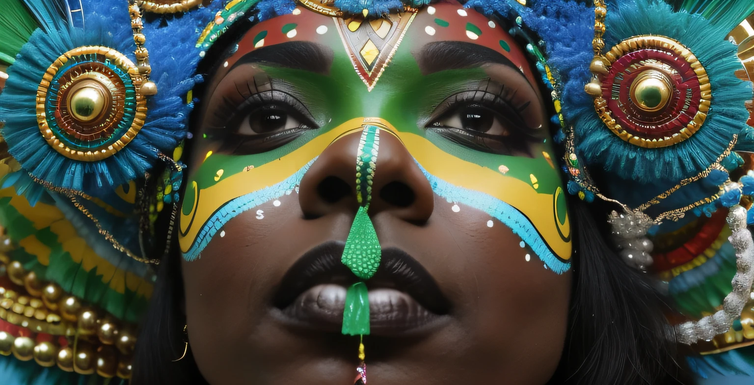 araffe with a colorful headdress and a green lip, closeup shot of face, yoruba body paint, close up face detail, closeup of face, fantastic details full face, close up of face, painted face, face closeup, detailed closeup face, african facial features, closeup of the face, closeup face, beautiful face detail, detail face, brazil carnival, face detail