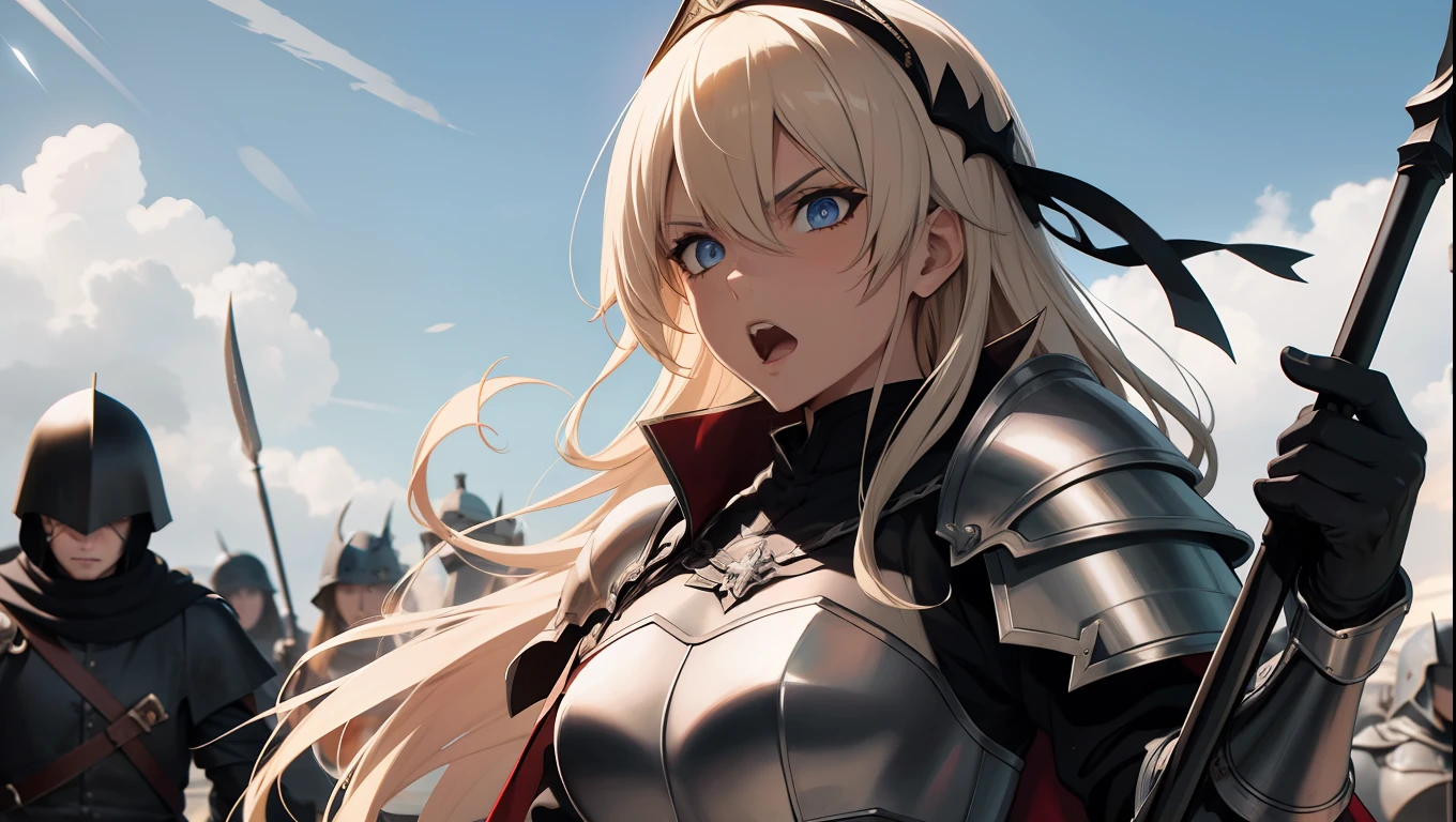 Jeanne D'arc Alter, fate, Joan of Arc Alt holds a black sword in her hand,Raise up on the battlefield, 8K, japanese anime style high resolution, Perfect hand, Perfect eye, A detailed eye, The detailed hand, Armor, Raise Hand, Screaming, Angry expression, 2D illustration , Blonde hair, midday sunlight, disrupt, medieval battle in the background