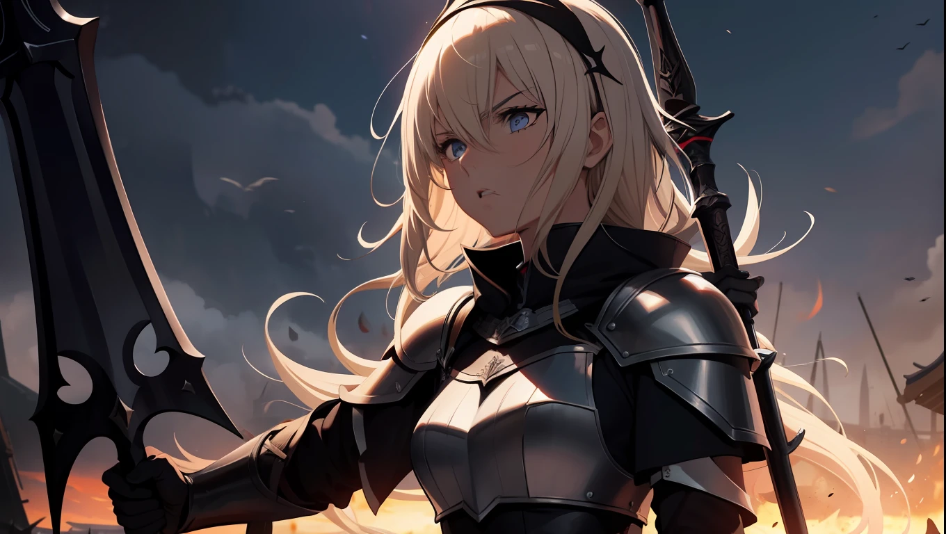 Jeanne D'arc Alter, fate, Joan of Arc Alt holds a black sword in her hand，Raise up on the battlefield, 8K, japanese anime style high resolution, Perfect hand, Perfect eye, A detailed eye, The detailed hand, Armor, Raise Hand, Screaming, Angry expression, 2D illustration , Blonde hair, midday sunlight, disrupt, medieval battle in the background