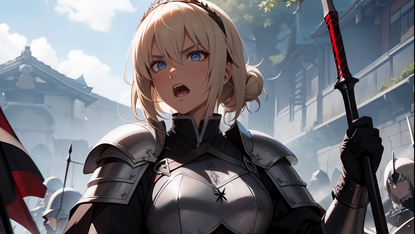 Jeanne D'arc Alter, fate, Joan of Arc Alt holds a black sword in her hand，Raise up on the battlefield, 8K, japanese anime style high resolution, Perfect hand, Perfect eye, A detailed eye, The detailed hand, Armor, Raise Hand, Screaming, Angry expression, 2D illustration , Blonde hair, midday sunlight, disrupt, medieval battle in the background