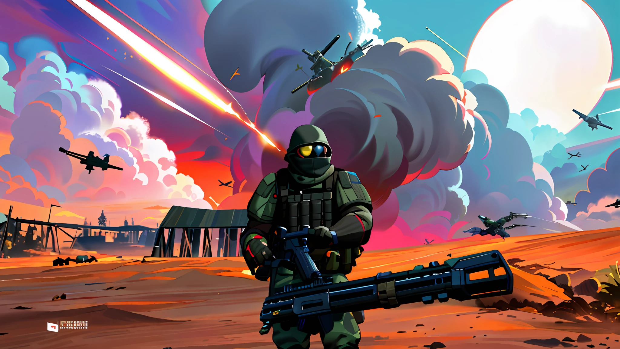Arafad soldiers holding guns and rifles in the field, heavy weapons guy, Germode, in game, holding a mp7, in-game, in - game, jetstream sam from metal gear, machine guns, ingame image, nipple play, wielding assault rifle, intimidating full body armor, Take a rocket launcher, holding pdw, in game graphic，The background is an explosion
