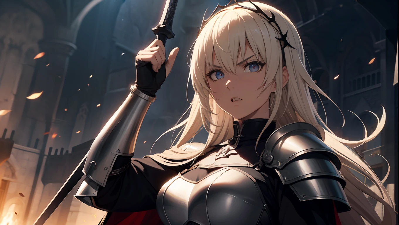 Jeanne D'arc Alter, fate, Joan of Arc Alt holds a black sword in her hand，Raise up on the battlefield, 8K, japanese anime style high resolution, Perfect hand, Perfect eye, A detailed eye, The detailed hand, Armor, Raise Hand, Screaming, Angry expression, 2D illustration , Blonde hair, midday sunlight, disrupt, medieval battle in the background