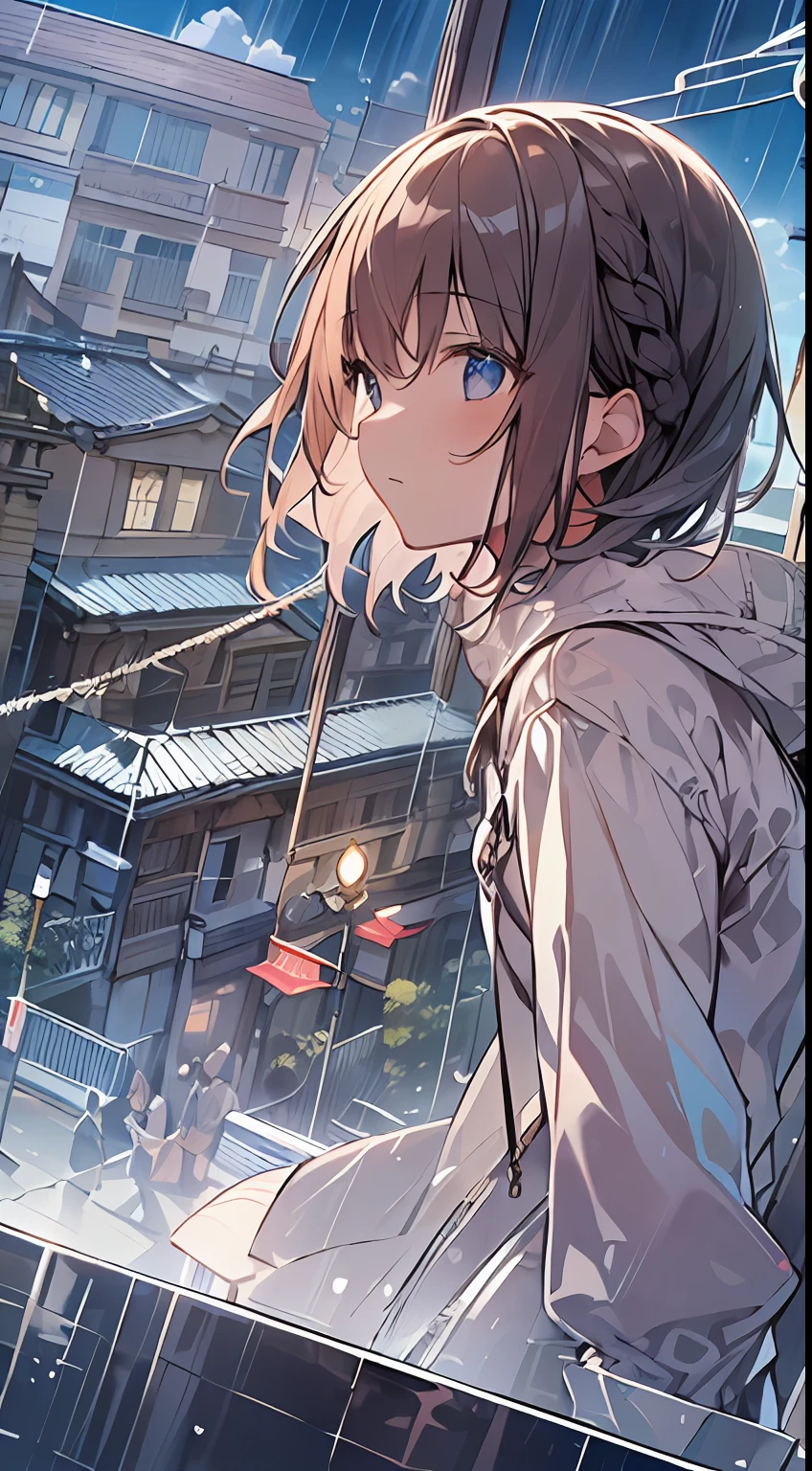 masutepiece, Best Quality,Illustration, Wallpaper, Ultra Detail, absurderes, 1girl in, Solo, (Medium short hair、short braided hair), Beautiful detailed eyes, after rain , (Street:1.3), Bright sky after rain、Hair that flutters in the wind,(a panoramic view:1.3),(Sense of depth:1.5),(longshot:1.3)