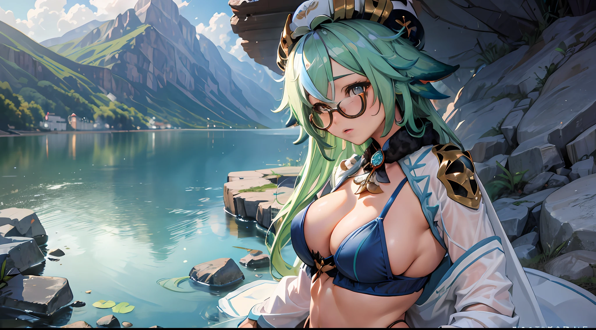 Sucrose Genshin Impact, Iwhole body, (NSTDA.:1.2), (10, beste-Qualit, master-piece: 1.4), ultra-high resolution, (lifelike, photorealistic portrait: 1.48), 25 age, Cute Girl, (Look neatly through the bikini:1.11), Famous Japanese actors, Beautiful breasts, Blue Eyes, Head tilt, cowboy shot, from the side, looking at the audience, expressionless, Beautiful lake, Zeiss 150mm F/ 2.8 Hasselblad, Whole body, foot, Ultra-Wide Angle