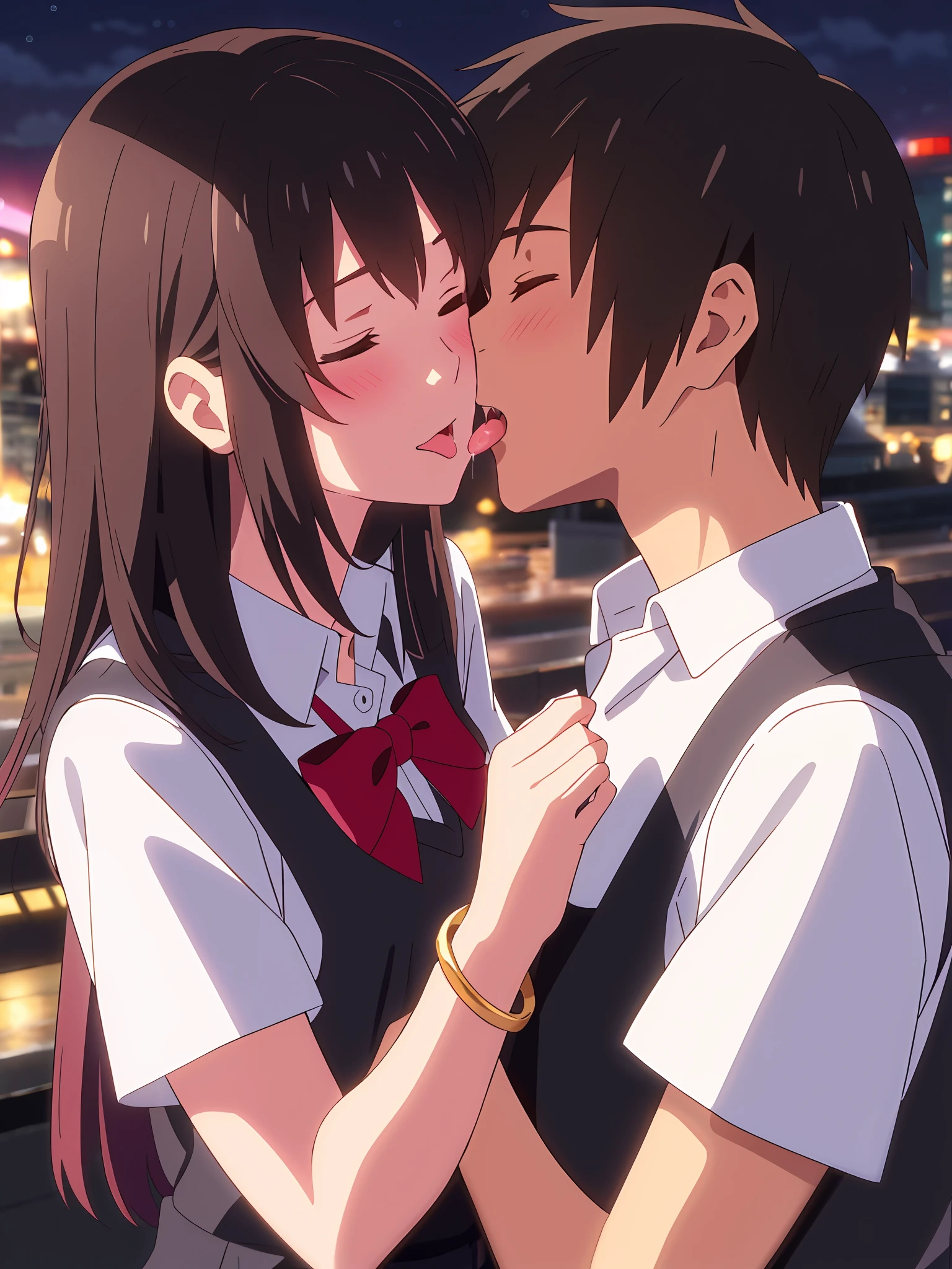 shinkai makoto, kimi no na wa., 1girl, 1boy, bangs, black hair, blush, Suspender Clothes, red bow, red headband, red ribbon, short hair, cute, heart, love, couple, romance,, adorable, short sleeves, dating, deep kiss, tongue kiss, saliva, closed eyes, atmosphere of love, night, nightview, sparkle, outdoors, bracelet, passionate hug