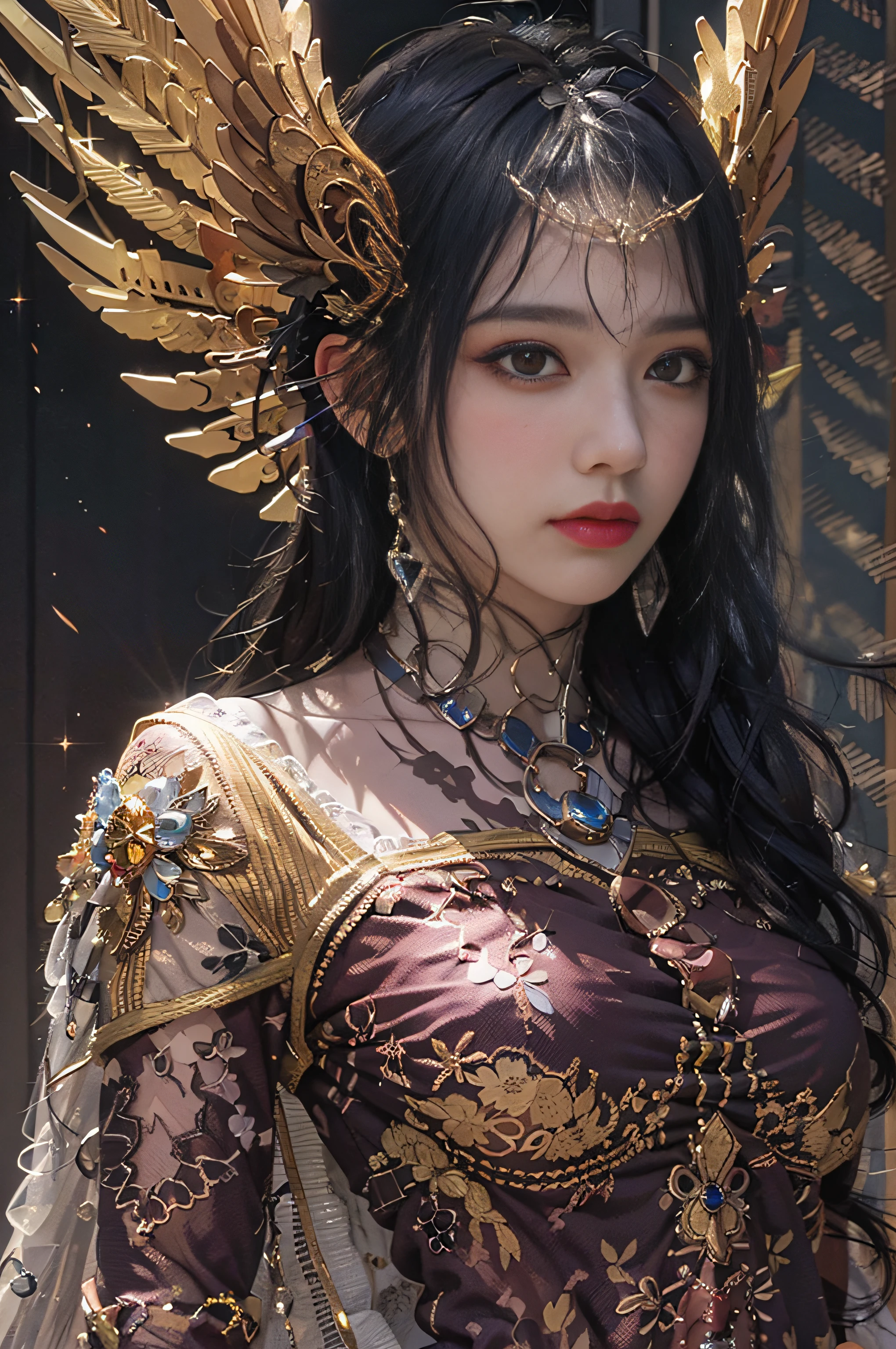{Stunning female Egyptian angel}, Luminous Studio graphics engine, goth Renaissance, long black hair with golden stripes,,,,, Ether Gold Iris, skin tanned, Sharp diamond-shaped human face with perfect and detailed corners, gold, Ray tracing, Full lips, {Defined eyebrows}, crystalline, Glitter, Detailed background of the desert, White uniform, Sharp Focus, Perfect and accurate anatomy, Extremely detailed illustration, Approaching perfection, Dynamic, Intricate details, Ultra high definition, 8K resolution, Glamour, glimmer, Ethereal, {art by:ayami kojima}, {Fine Art:Heisei}, art stations, Aesthetic, Gothic, Lace, Concept art, Unevenness of the skin、((Walk facing the front:1.5))、Cowboy Shot、 Dreamy, Back lighting, Fantastical, shadowy,