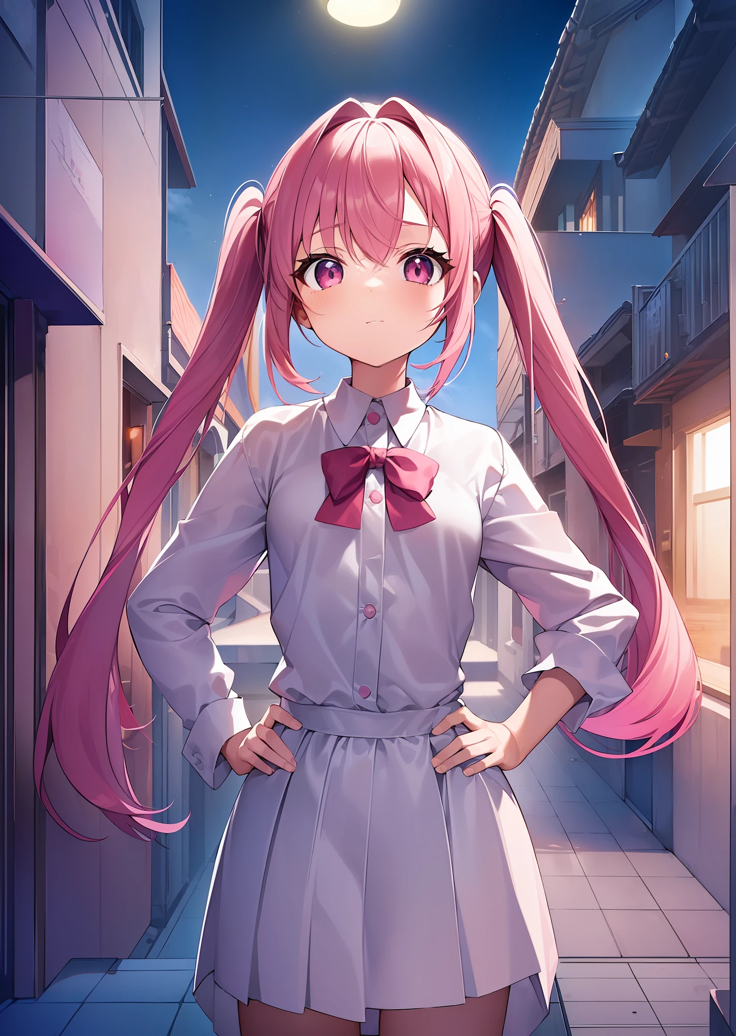 1girl. pink hair.long hair.twintails.{}.(short stature).small breast.white t-shirts.skirt. (((masterpiece))).(((best quality))).)((ultra-detailed))).(((illustration))). (((put your hands on your hips))).(((night view))).(((1girl))).