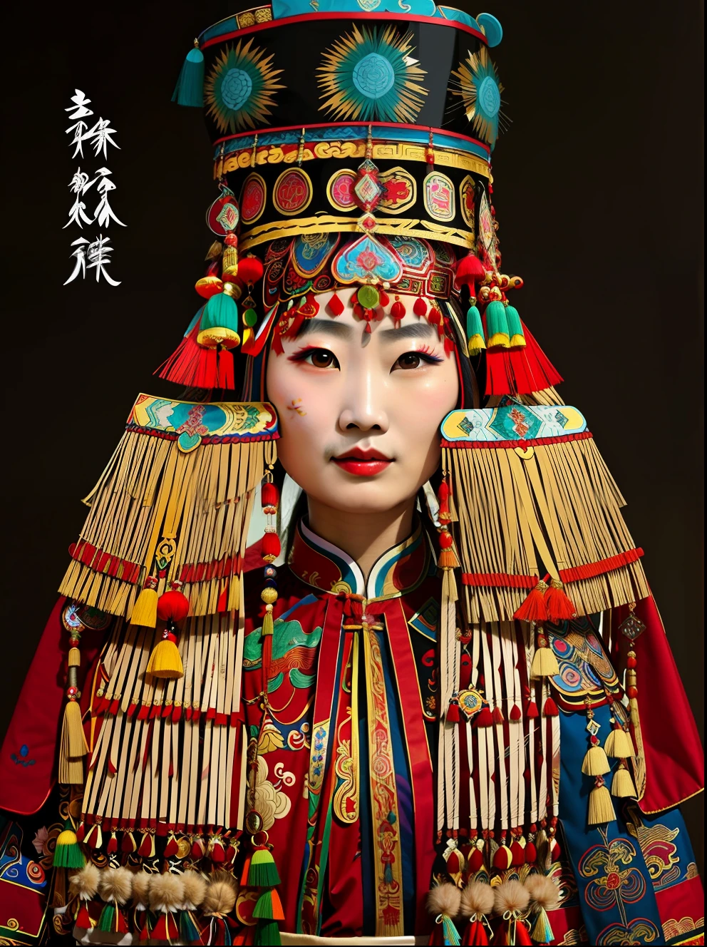 A woman wearing a headdress in traditional Chinese clothing, Traditional beauty, a young woman as genghis khan, empress, traditional garb, traditionalcostumes, Western Mongolian fashion, she is dressed in shaman clothes, A princess, traditionalcostumes, Traditional clothing, traditional makeup, Traditional Chinese clothing, headdress, Chinese woman