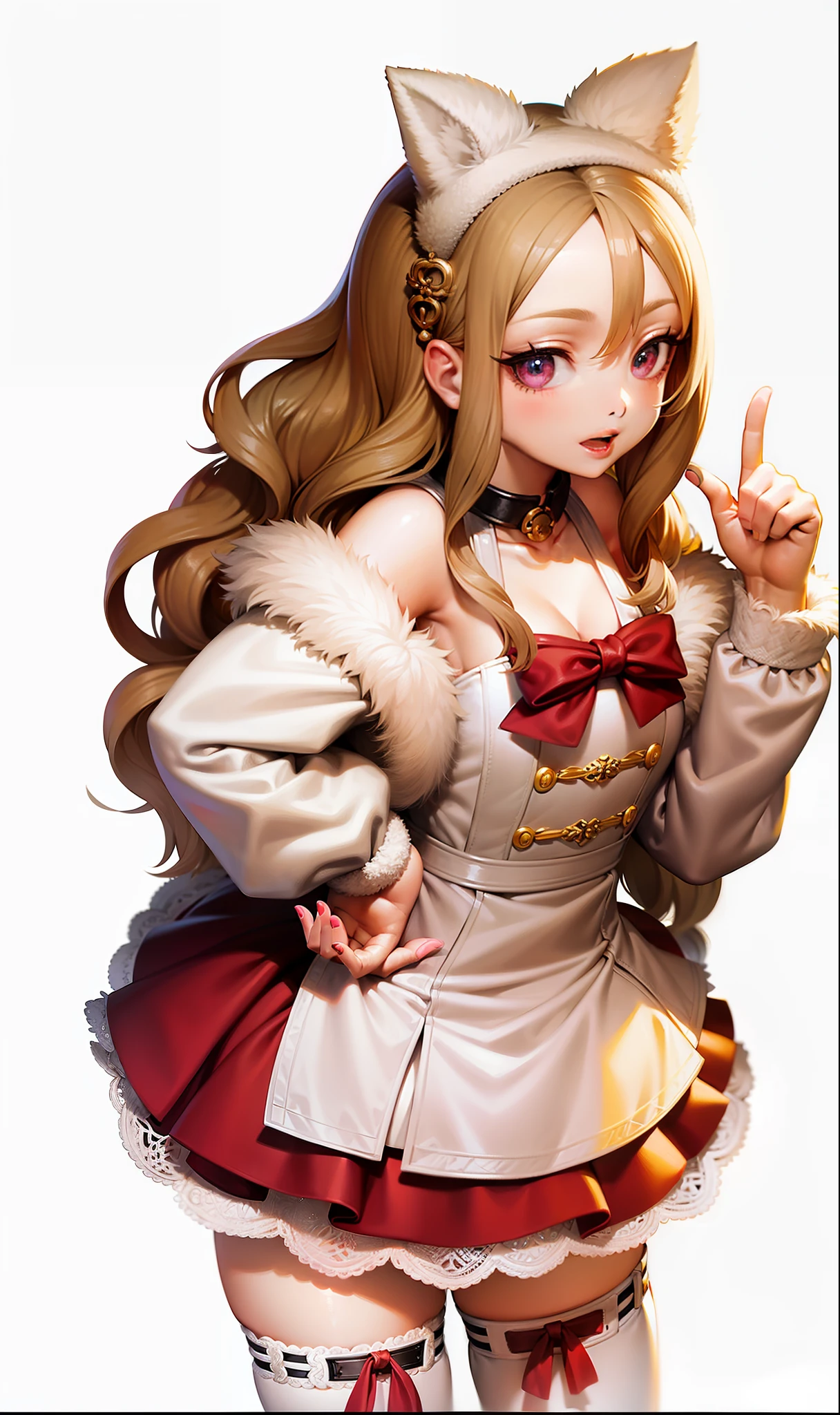 White fur clothes，Girls with white hair，Posture with fingers up。