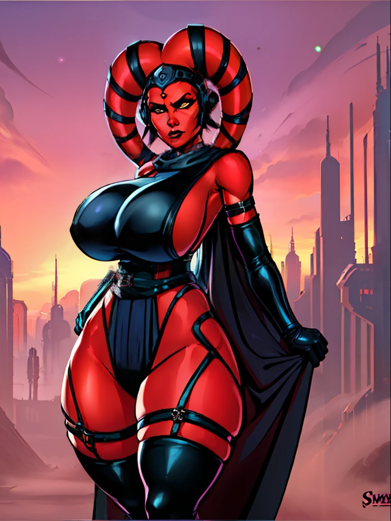 Sexy big tits Twi'lek, hands on hips, busty, thin, athletic, ((red skin), twi'lek), evil space knight, space ninja, (wearing (((modest))) black tunic, cowl, cloak, gloves, leggings, straps, buckles, corset, long skirts, long sleeves), ((busty), slender body, thin, slim sexy body, ((slim waist, ((gigantic breasts))))), Imperial starship, Star Wars,