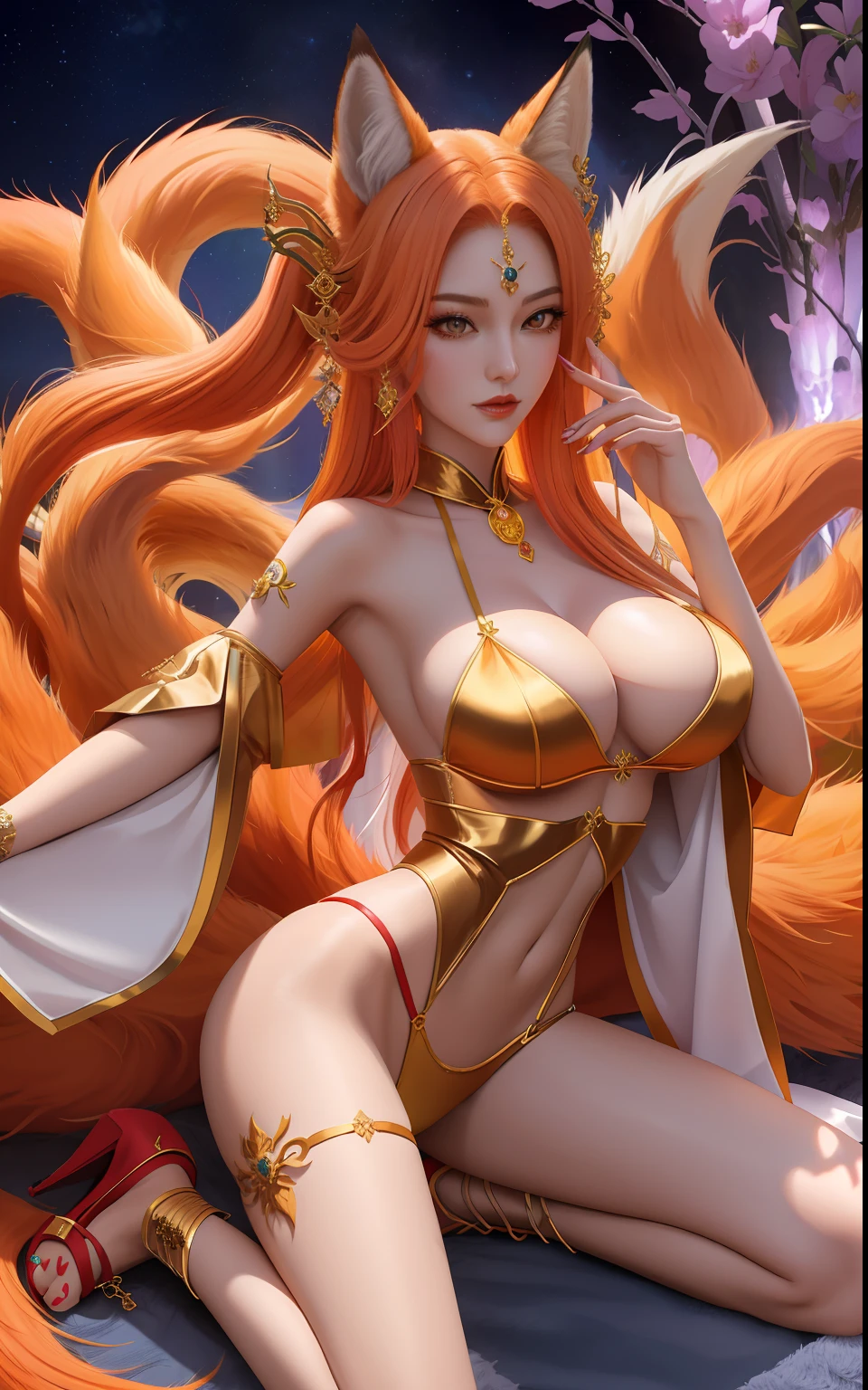 Royal Sister(1girll),Nine-tailed foxman,Erotic sexy,Has nine tails,Hot figure,Slender body,huge tit,Only breast patches,Erotic clothing,strappy heels,Long legs,Open the legs,full bodyesbian