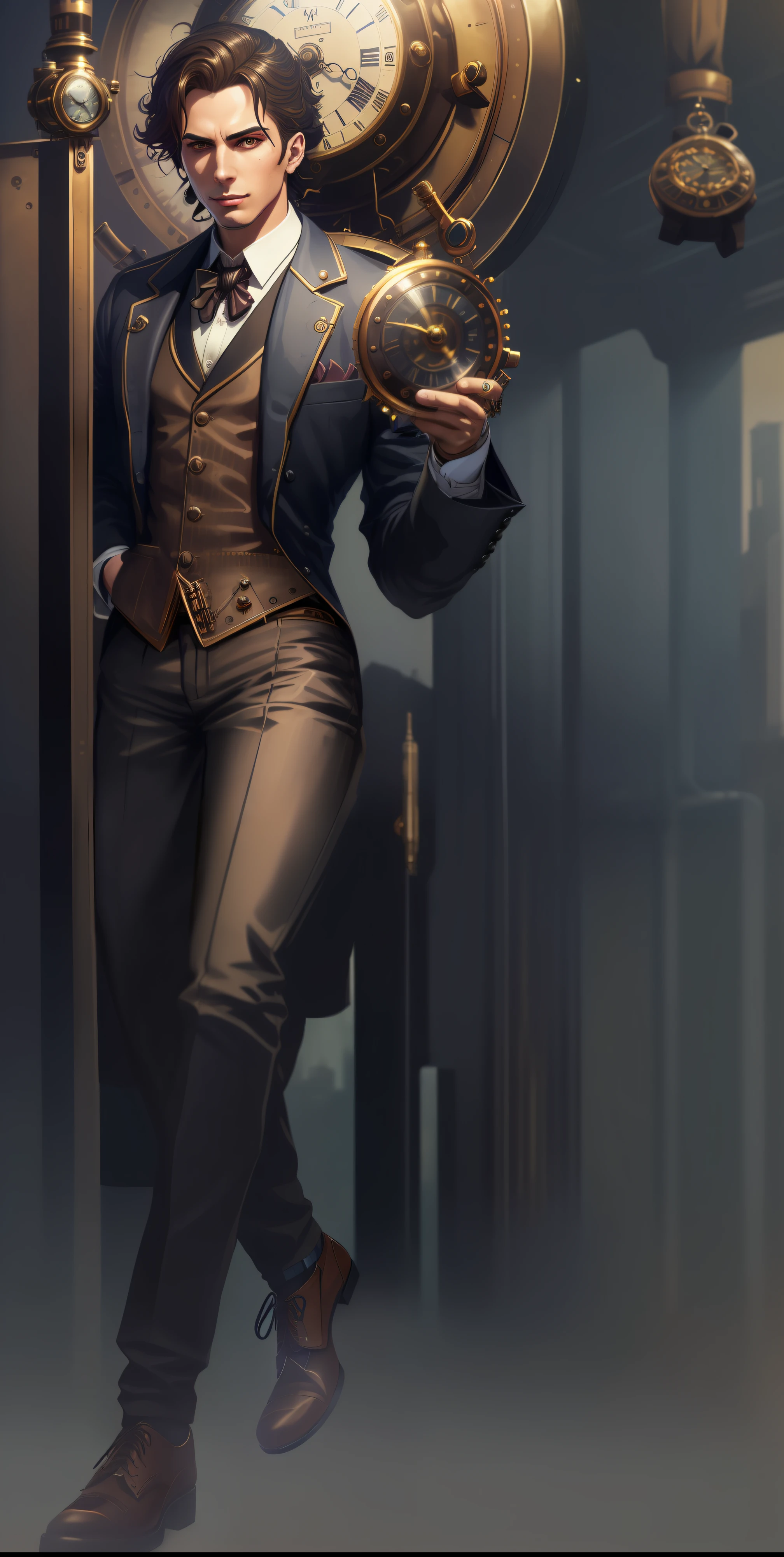 Man in suit and tie holding watch, steampunk male portrait, epic and classy portrait, steampunk concept art, lofi bioshock steampunk portrait, style ivan talavera and artgerm, stylized portrait formal pose, lofi steampunk bioshock portrait, artstation mans aesthetic, style of artgerm, steampunk aesthetic, White leather shoes