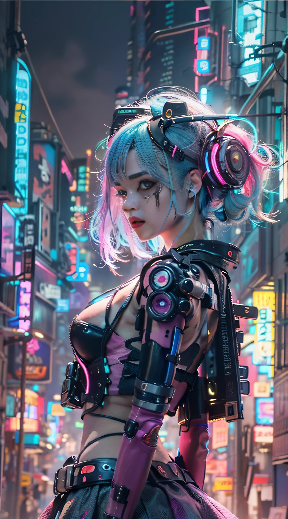 (masutepiece, of the highest quality, Best Quality, Official art, Beautiful and aesthetic:1.2),(1girl in:1.4),Full body,([Pink|Blue] hair:1.5),ighly detailed,(Fractal Art:1.3),(Colorful:1.5),highest details,(Mechanical modification:1.3),(corrected:1.2),Maiden,(A complex mechanical conduit is inserted into the back:1.5),catheter,(Neon background:1.4),(Neon City:1.75),Night,Large breasts,(Gothic_Lolita:1.2),high-heels,(:0.75),makeup,blush,(Cyberpunk:1.4),((Looking at Viewer:1.3)),((Looking back)),Sofia Boutella, brunette, sun burn, Colossal tits, Nikon D850 Film Stock Photography 4 Kodak Portra 400 Camera F1.6 lens rich colors hyper realistic lifelike texture dramatic lighting unrealengine trending on artstation cinestill 800,