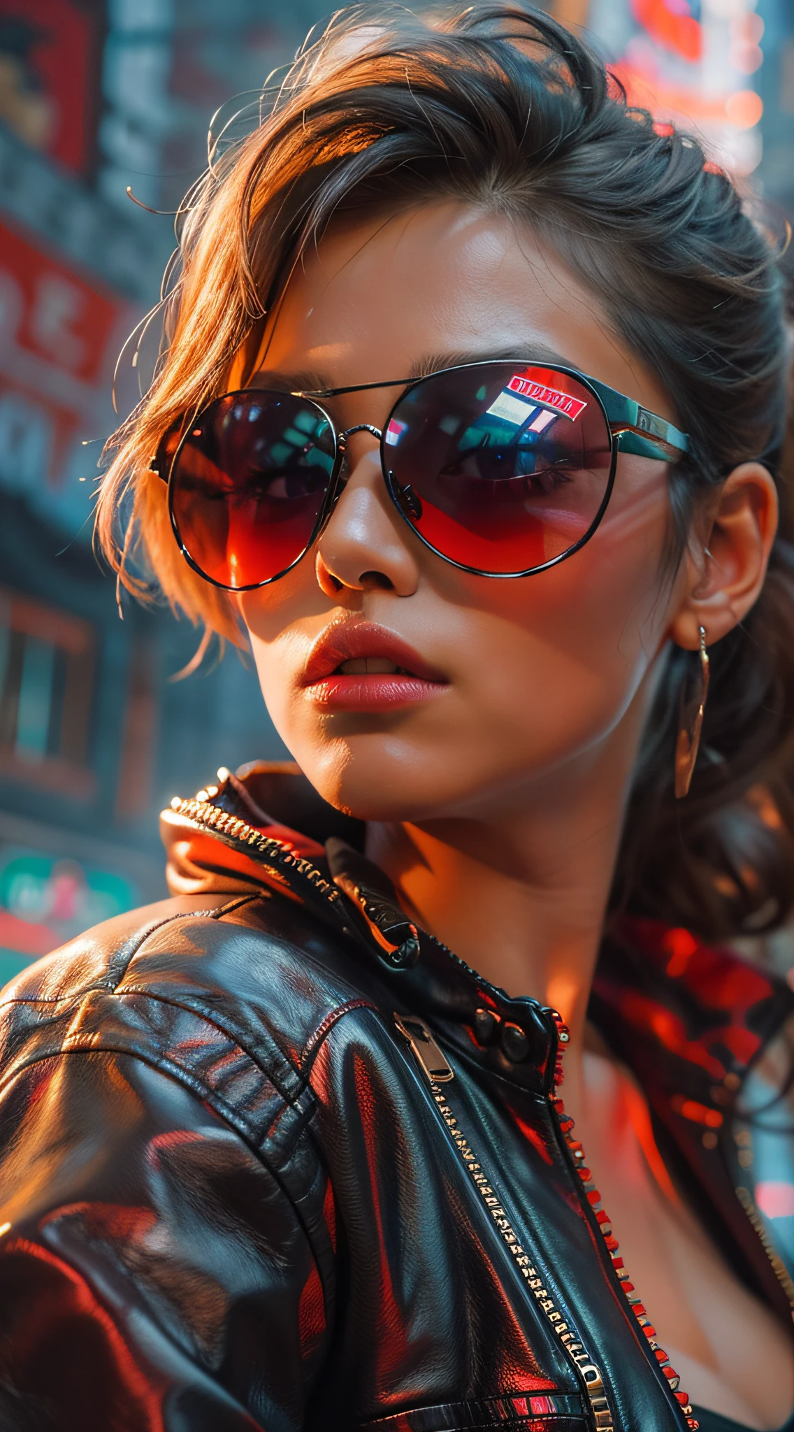 A woman in a leather jacket with red sunglasses and a city behind her, in the style of neon realism, charming characters, action paintings, gadgetpunk, solapunk, colorful street scenes, crimson and amber