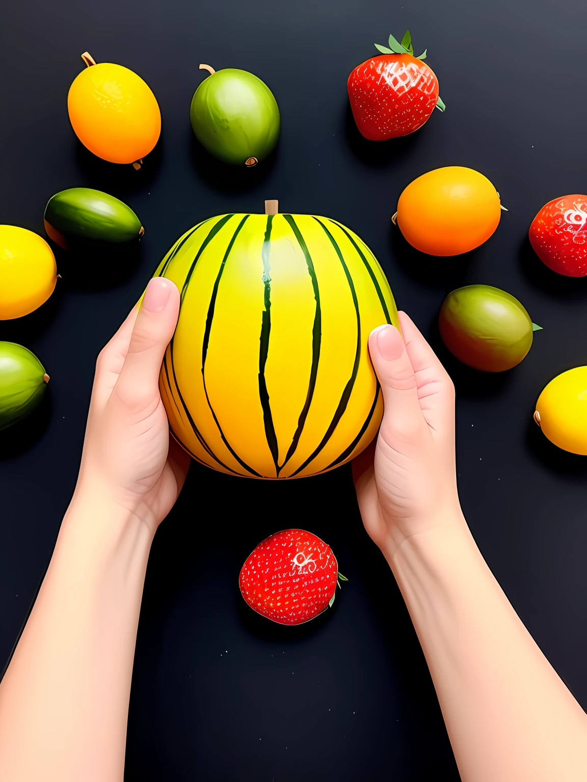 "Imagine uma obra de arte retratando um suculento,Colorful melon, Bright as a rainbow. MELON is the central point of the composition, com suas formas e contornos suaves, convidando os espectadores a apreciarem sua beleza. The color palette is vibrant and lush, with rich and vivid tones that blend harmoniously on the surface of the strawberry. Vermelhos intensos, laranjas brilhantes, amarelos dourados, verdes exuberantes, azuis profundos e roxos encantadores criam uma sinfonia de cores que envolvem a fruta. Small details of light and shadow add depth and realism to the image, Making the melon look almost palpable. Through this artistic representation,acolchoamento ROMERO Brito, The melon turns into a symbol of vitality, frescor e alegria, cativando os espectadores e convidando-os a saborear sua beleza colorida." ,ROMERO BRITO