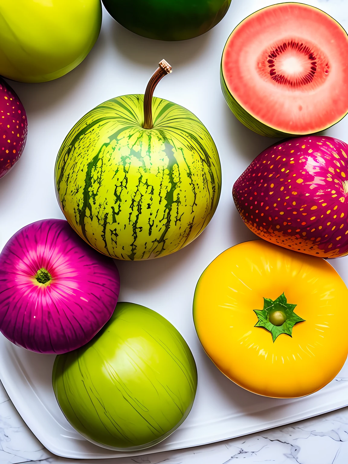 "Imagine uma obra de arte retratando um suculento,Colorful melon, Bright as a rainbow. MELON is the central point of the composition, com suas formas e contornos suaves, convidando os espectadores a apreciarem sua beleza. The color palette is vibrant and lush, with rich and vivid tones that blend harmoniously on the surface of the strawberry. Vermelhos intensos, laranjas brilhantes, amarelos dourados, verdes exuberantes, azuis profundos e roxos encantadores criam uma sinfonia de cores que envolvem a fruta. Small details of light and shadow add depth and realism to the image, Making the melon look almost palpable. Through this artistic representation,acolchoamento ROMERO Brito, The melon turns into a symbol of vitality, frescor e alegria, cativando os espectadores e convidando-os a saborear sua beleza colorida." ,ROMERO BRITO