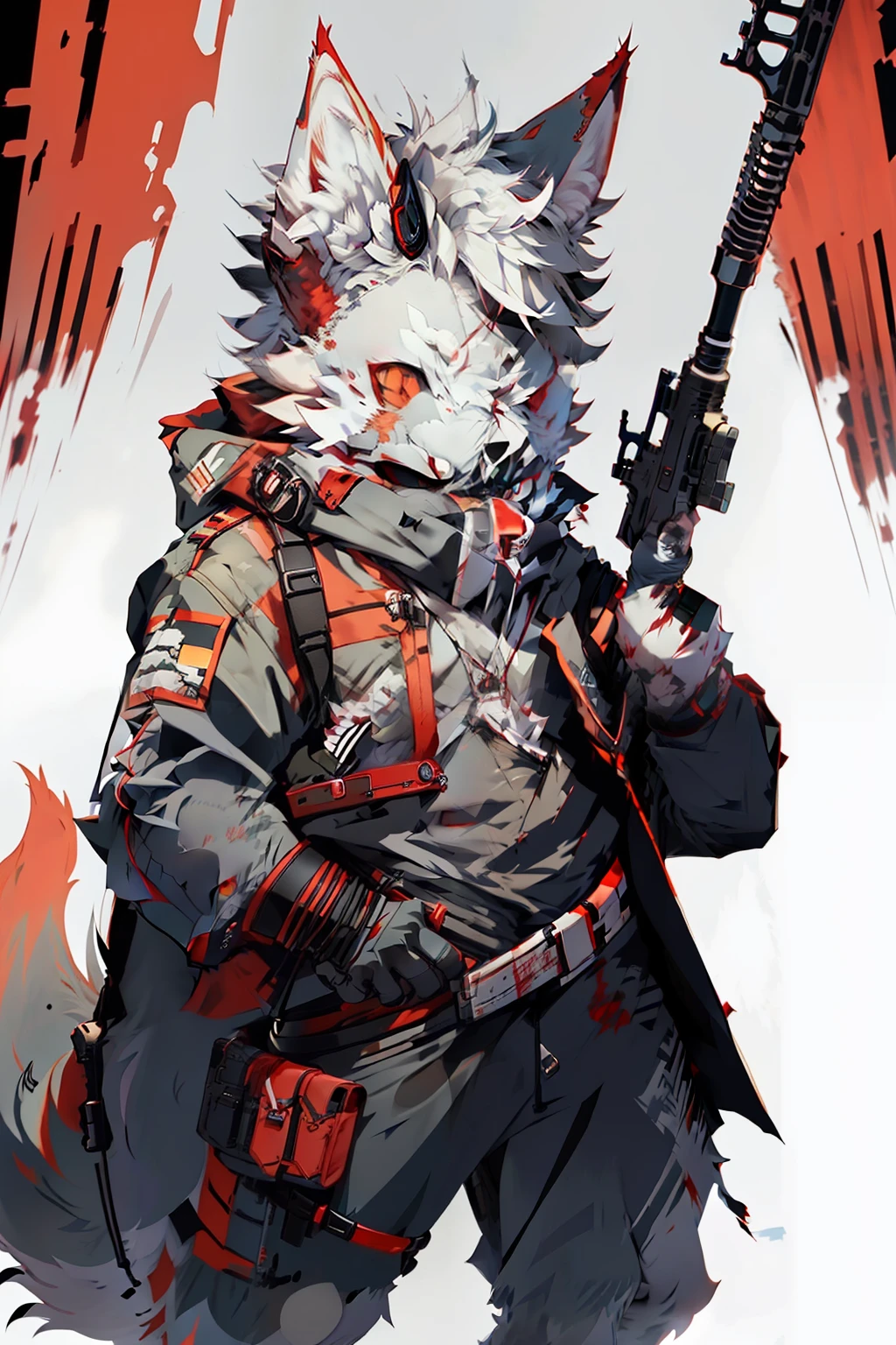 solo person,Furry,werecreature,Male white wolf,Red fur,Red tail,White ears,Blood-red eyes,Red collar,musculature,male people,(The furry feeling of animal ears),Bring a gun,commando,rifles