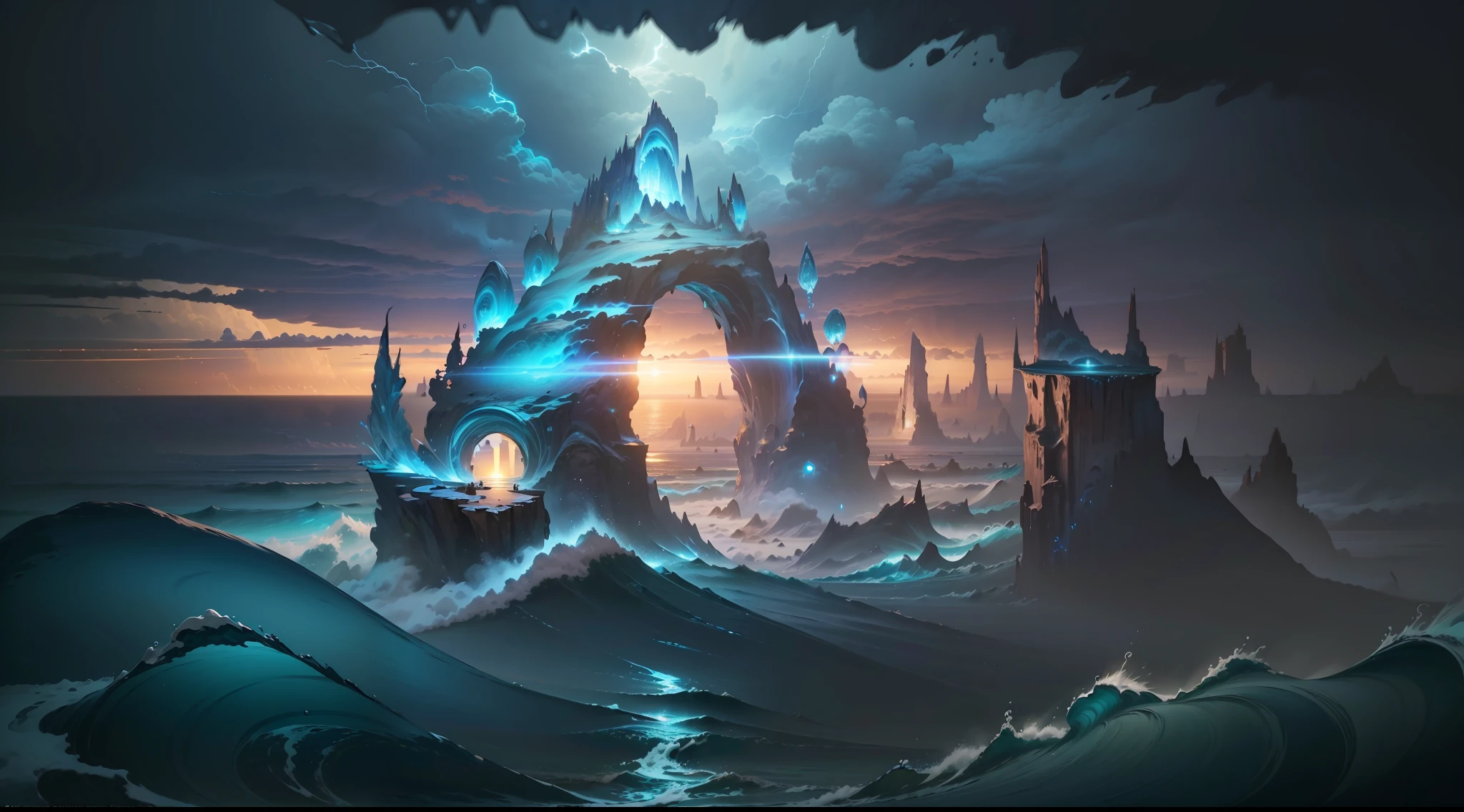 (((best quality))), (((masterpiece))), super fine photo, landscape picture Unreal Engine 5 8K UHD of ocean landscape, magic twister-shape portal on the ocean surface, thunderous sky, tentacles rising, fantasy genre, unified 8k wallpaper, hyper detailed, sharp focus, dynamic picture