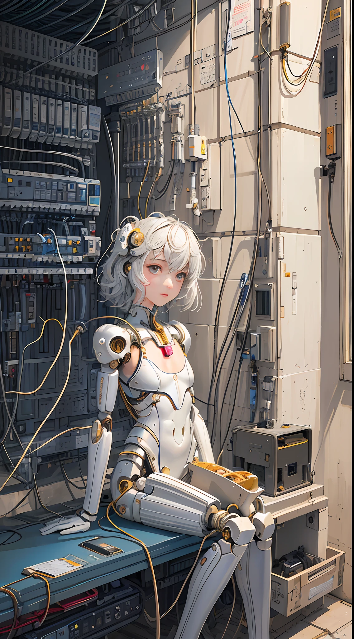 (((masterpiece))), (((best quality))), ((ultra-detailed)), (highly detailed CG illustration), ((an extremely delicate and beautiful)),(cute delicate face),cinematic light,((1mechanical girl)),solo,full body,(machine made joints:1.4),((machanical limbs)),(explosed muscles),(blood vessels connected to tubes),(a brain in container:1.3),((mechanical vertebra attaching to back)),((mechanical cervial attaching to neck)),((sitting)),expressionless,(wires and cables attaching to head and body:1.5),small breasts,short hair,(character focus),science fiction