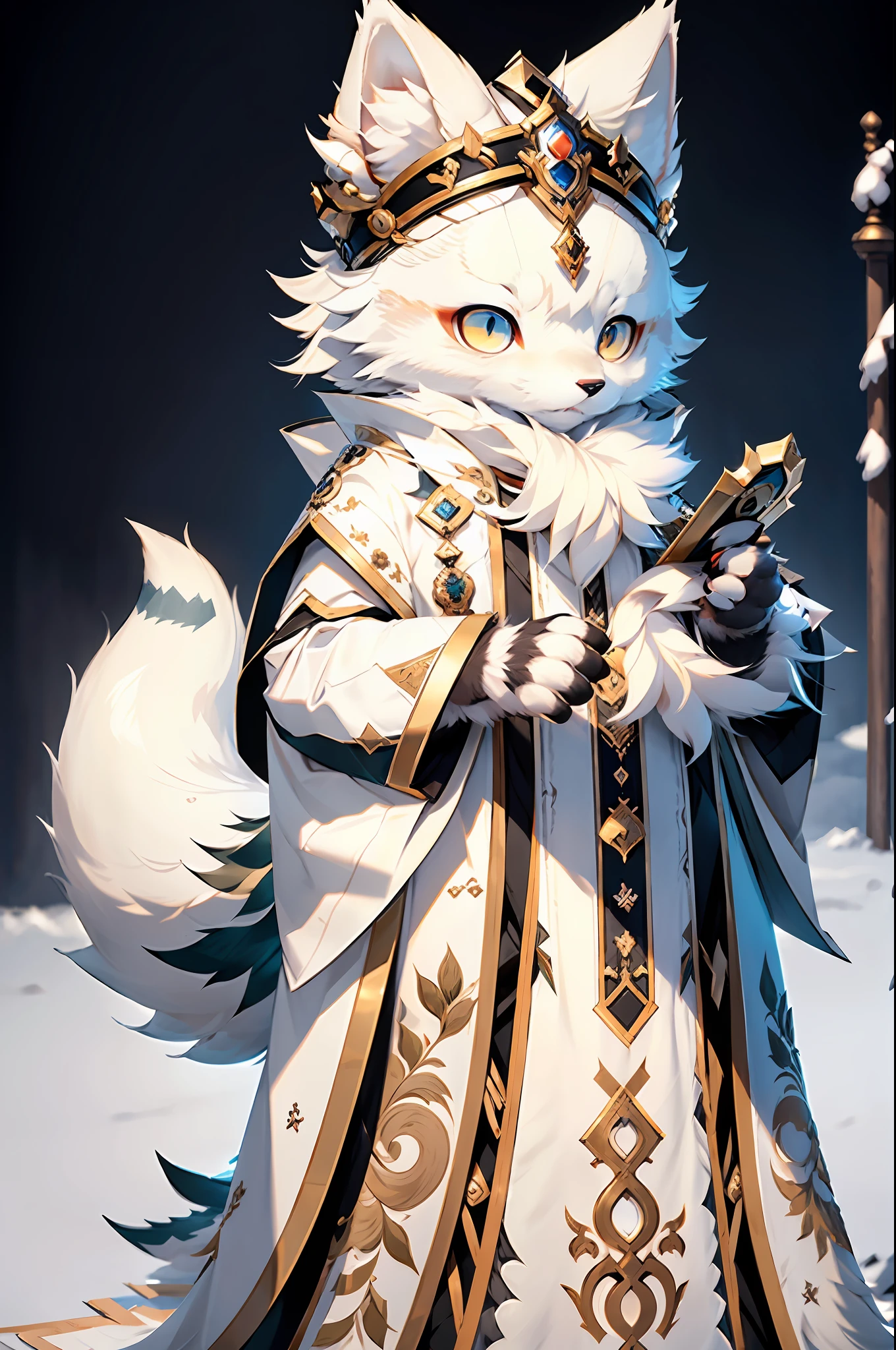 natural lightting,detailedbackground,独奏,Furry,Male arctic fox,White fur,White skin,White ears,sharp look,Golden eyes,sharp talons,Fluffy tail,White paws,adolable