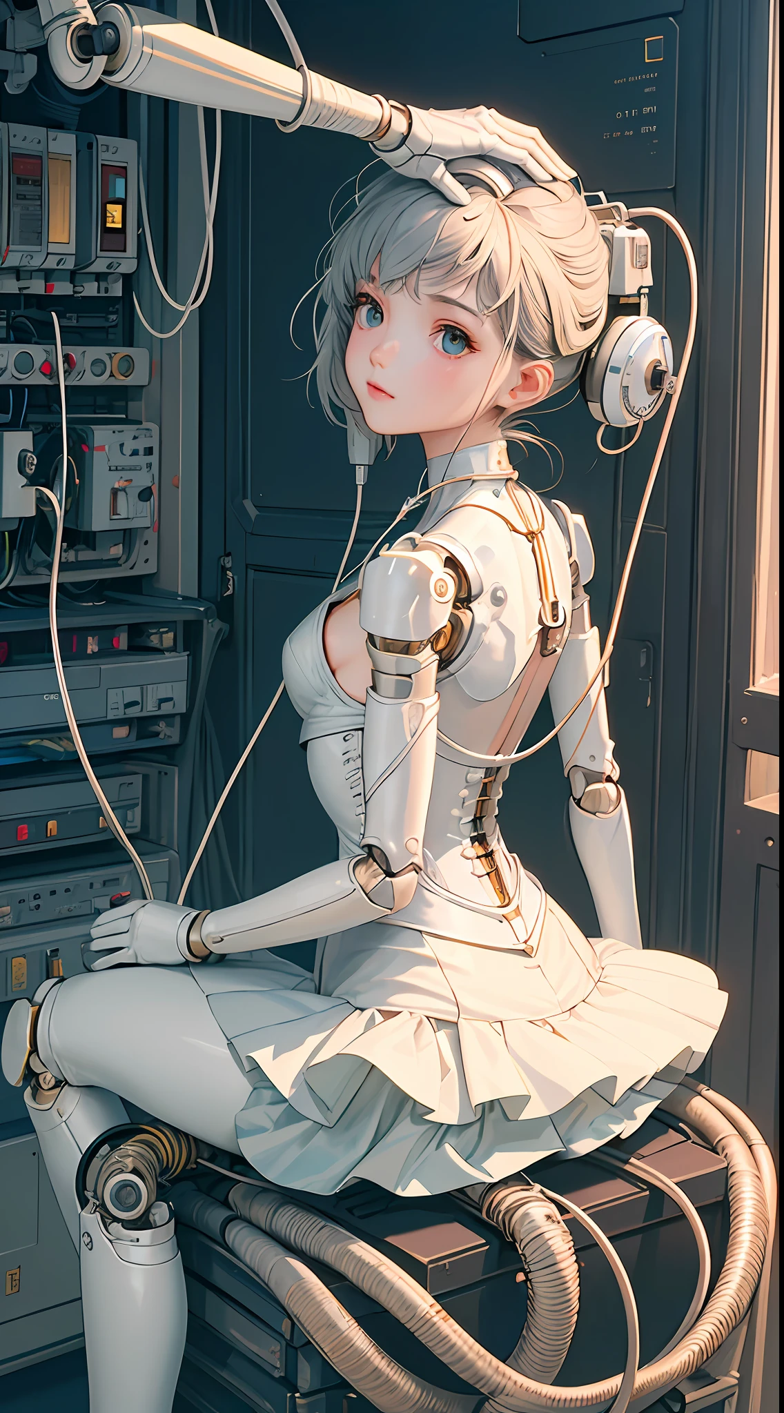 (((masterpiece))), (((best quality))), ((ultra-detailed)), (highly detailed CG illustration), ((an extremely delicate and beautiful)),(cute delicate face),cinematic light,((1mechanical girl)),solo,full body,(machine made joints:1.4),((machanical limbs)),(explosed muscles),(blood vessels connected to tubes),(a brain in container:1.3),((mechanical vertebra attaching to back)),((mechanical cervial attaching to neck)),((sitting)),expressionless,(wires and cables attaching to head and body:1.5),small breasts,short hair,(character focus),science fiction