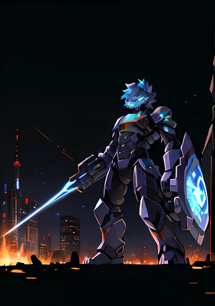 tmasterpiece, best qualtiy, mechs, without humans, (full bodyesbian), (Black armored mech:1.5), (轴对称:1.4),(HDR), (cinematric light:1.1), eBlue eyes, scientific fiction, firey, Laser cannon beam, karo, conflict, Destroyed city background Armed with weapons,(Possess huge weapons:1.5), Holding a very large shield, Mecha Junior,