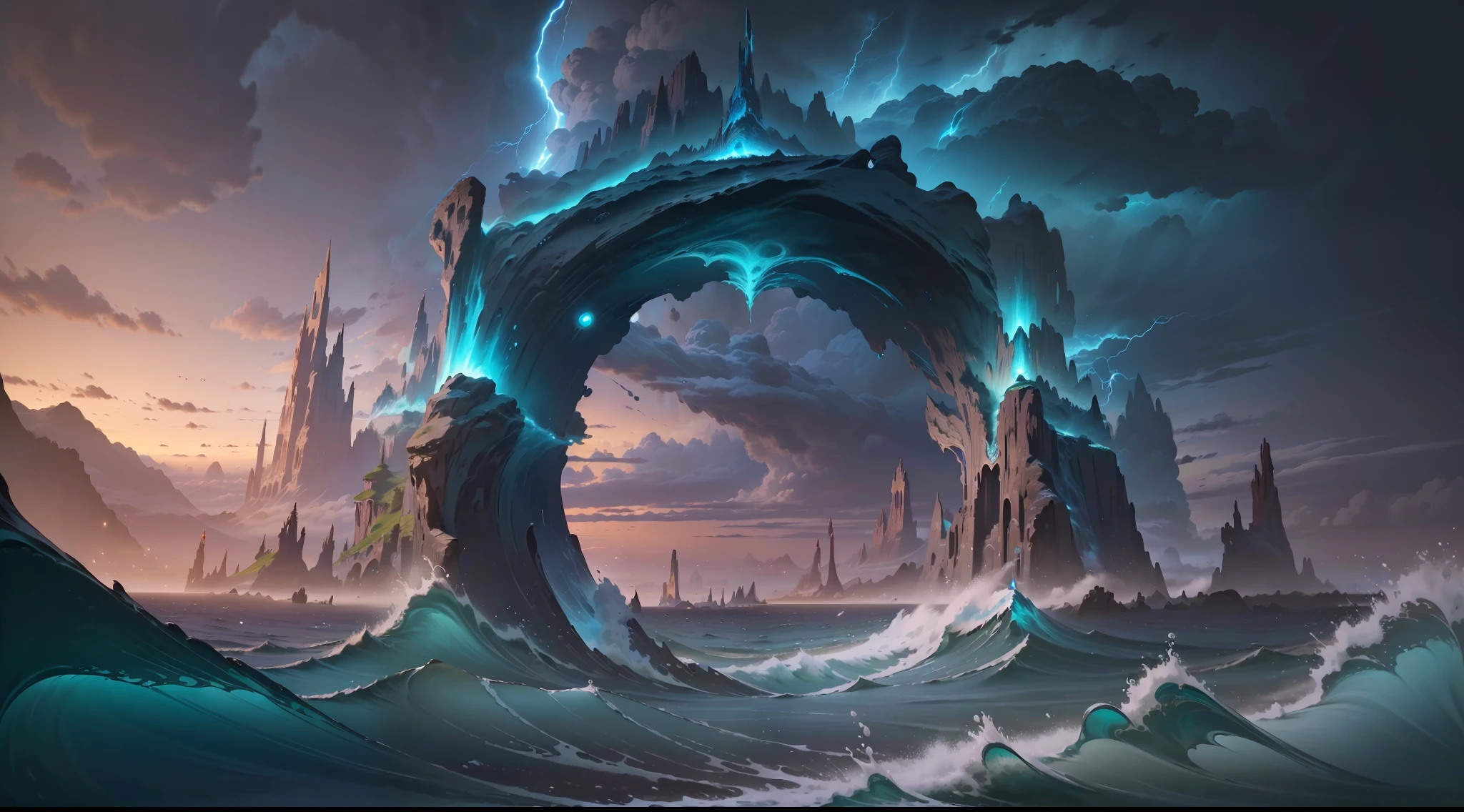 (((best quality))), (((masterpiece))), super fine photo, landscape picture Unreal Engine 5 8K UHD of ocean landscape, magic twister-shape portal on the ocean surface, thunderous sky, tentacles rising, fantasy genre, unified 8k wallpaper, hyper detailed, sharp focus, dynamic picture