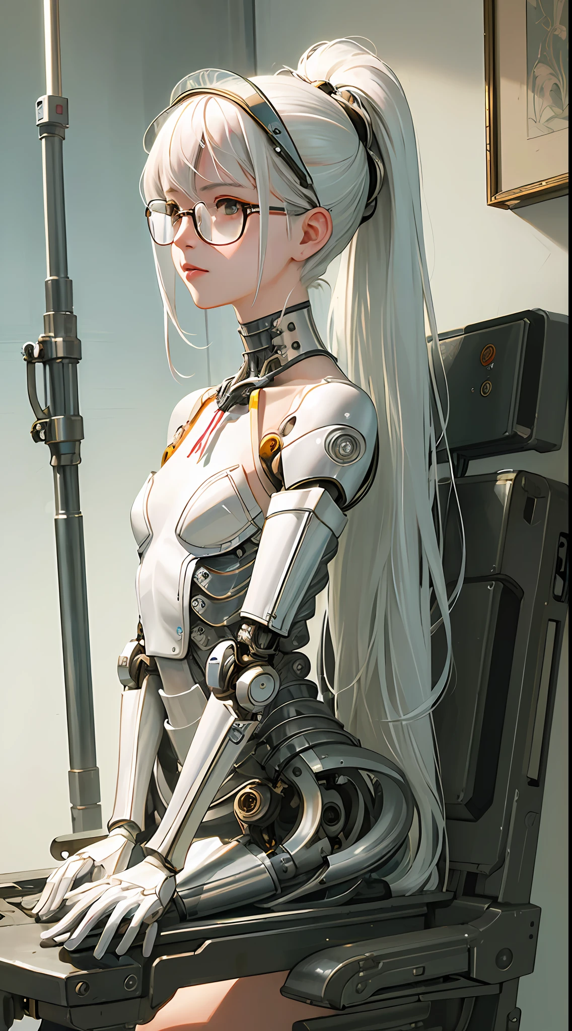 (((masterpiece))), (((best quality))), ((ultra-detailed)), (highly detailed CG illustration), ((an extremely delicate and beautiful)),cinematic light,
((1mechanical girl)), (cute delicate face), solo, half body,((bare shoulders)), ((face mask)), (machine made joints), ((mechanical limbs)), (exposed muscles), (blood vessels connected to tubes),(a brain in container),((mechanical vertebra attaching to back)),((mechanical cervical attaching to neck)), ((sitting)),(wires and cables attaching to head and body),small breasts, ((long hair)), ((white hair)), ((eye glasses)), (character focus),science fiction