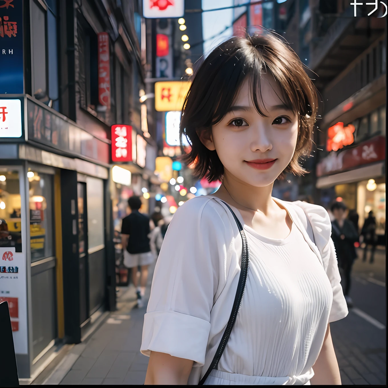 1 girl, Tokyo street, night, cityscape, city lights, upper body, close-up, smile, (8k, RAW photo, highest quality, masterpiece: 1.2), (real, photoreal: 1.37), short hair neat and clean