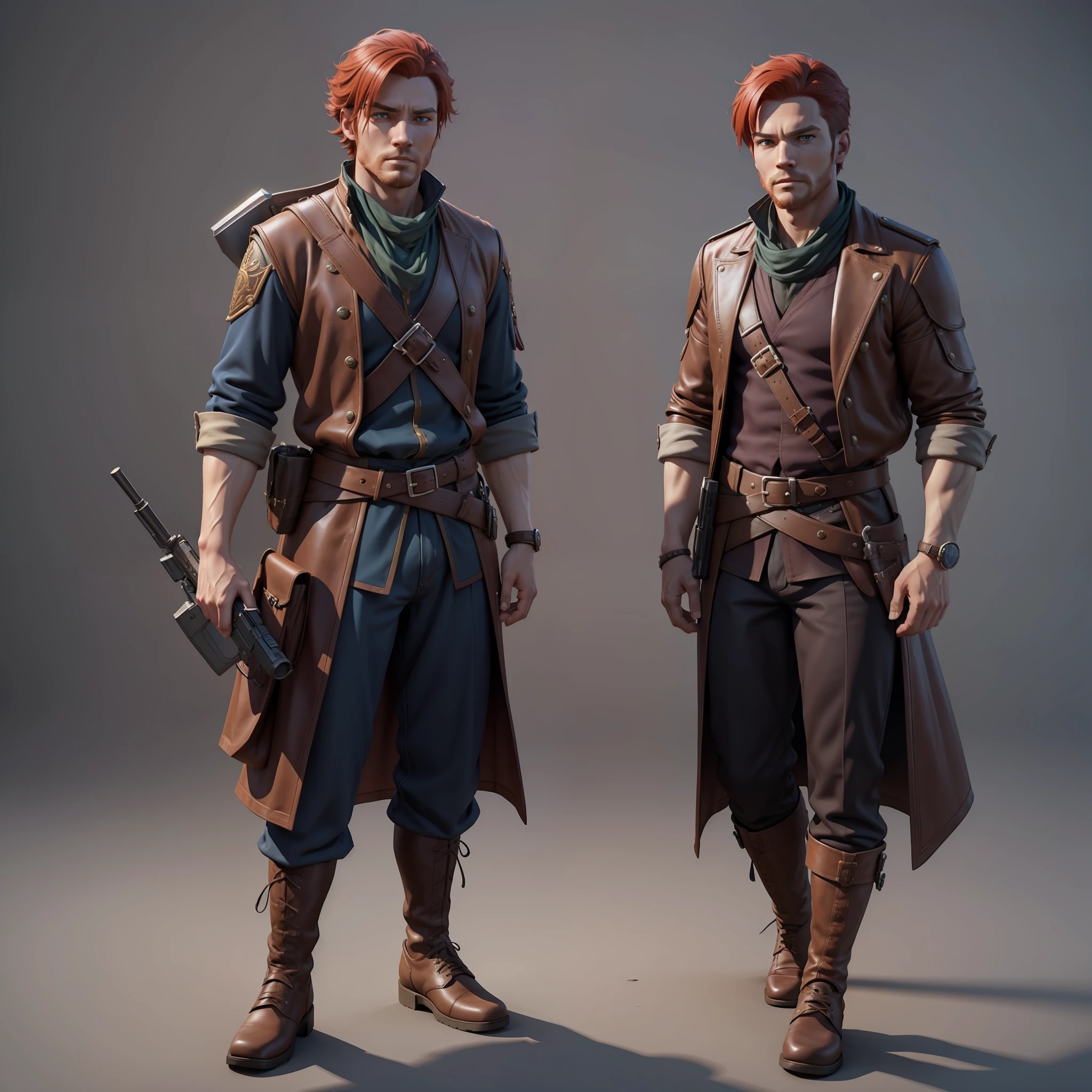 (masutepiece: 1.5), (Best Quality: 1.5), square shapes, 1male people, trailblazer, age of discovery, redhair, Unshaven, Leather shoes, Carrying a gun on the shoulder, super detailed fantasy characters, character design contest winner, 3 d character art, Fine details, 3d, in 8K, Full body image from head to toe, Simple background, Correct posture, 3d, in 8K, A detailed face, Detailed hand,