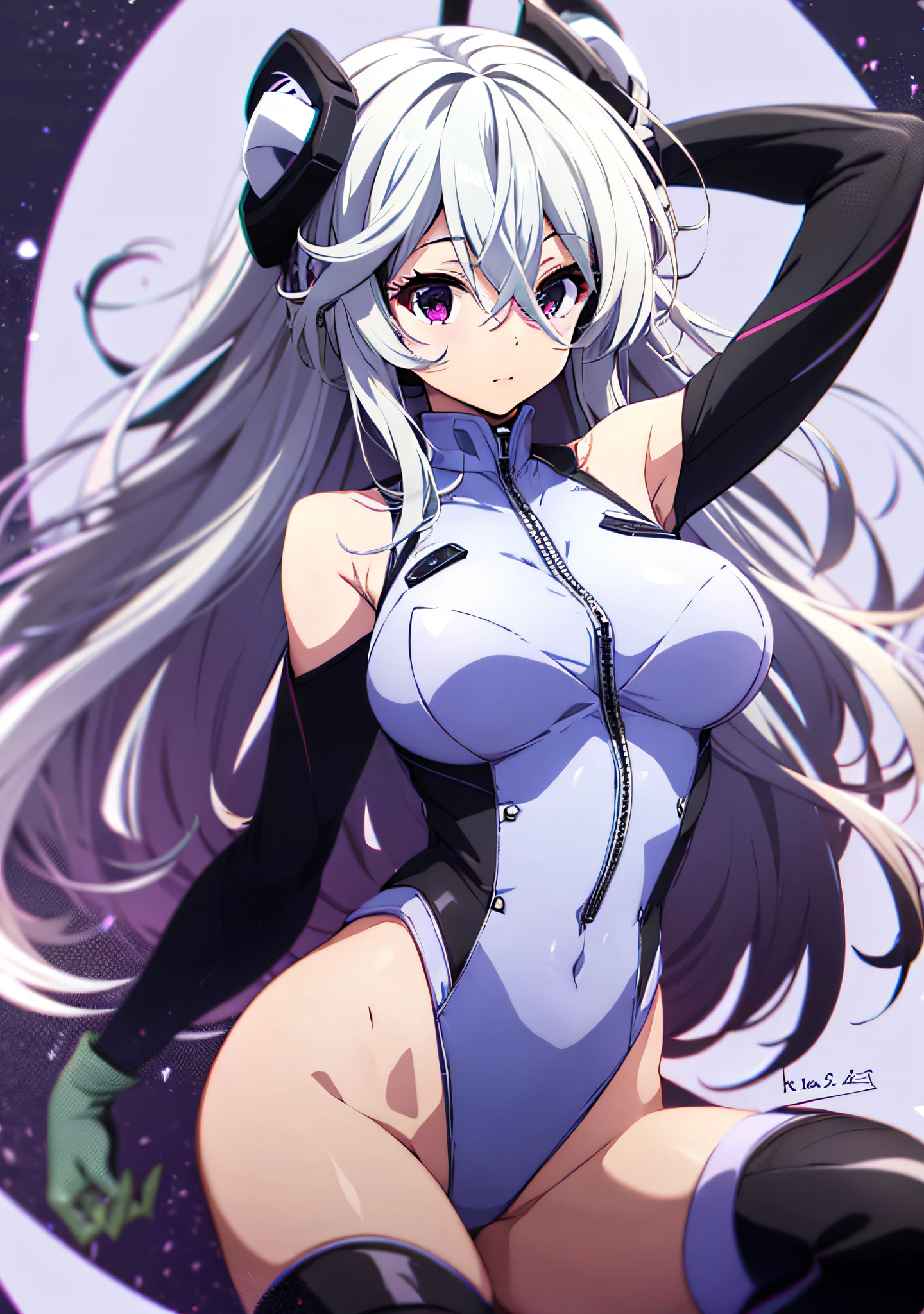 1girl, arms up, asymmetrical legwear, breasts, covered navel, gloves, hair between eyes, hair ornament, highleg, highleg leotard, impossible clothes, impossible leotard, large breasts, leotard, long hair, long sleeves, looking at viewer, mechanical gloves, mismatched legwear, purple eyes, solo, thighhighs, very long hair, white hair, white leotard