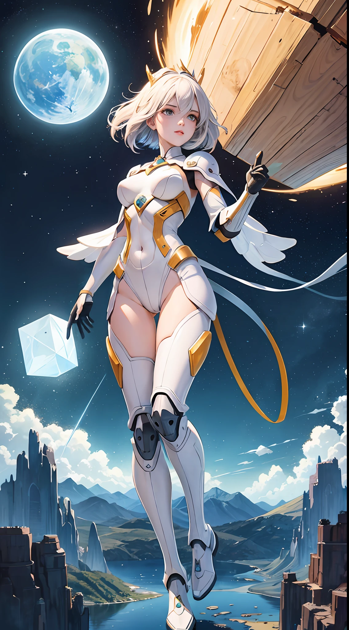 A young woman in a gravity suit,(space suit:1.31),Spacesuit,shelmet,Colorful masks,Breeders,(Look up at advanced alien structures on an alien planet),(Mechanical birds:1.26),(Mechanical pigeons:1.31),tonedbody,(organism),(mont:1.1),cinmatic lighting,Toned abs,(Highest image quality),(Upper painting:),1.21(Works of masters),The eye,(detailed descriptions:1.2),(Floating colored stars: 1.4), (body: 1.5), (Black spinel: 1.3), (negative space: 1.31), (machine arm: 1.13), (clouds), (milky ways: 1.22), (filmposter : 1.3), one-girl, (White armor :1.5), mechs, machine arm, (prosthetic limbs : 1.3), (Prosthetic eyes: 1.2), (Water magic: 1.2), (upper legs), (whaite hair: 1.3), (high qulity), (frontage: 1.1), (ciri: 1.2), (Geometric image of chaos: 1.3), (Great mechanical ball: 1.5), (strabismus: 1.3), (1.3) etherial: Flowingcolors, mechs, crystal, Elemental swelling, Magic armor, (shelmet: 1.213), (bound legs: 1.13), (Starship: 1.41), (Broken Planet: 1.31), (Starship: 1.123), (plan: 1.42), (Console: 1.12), (Starship: 1.21), suspending