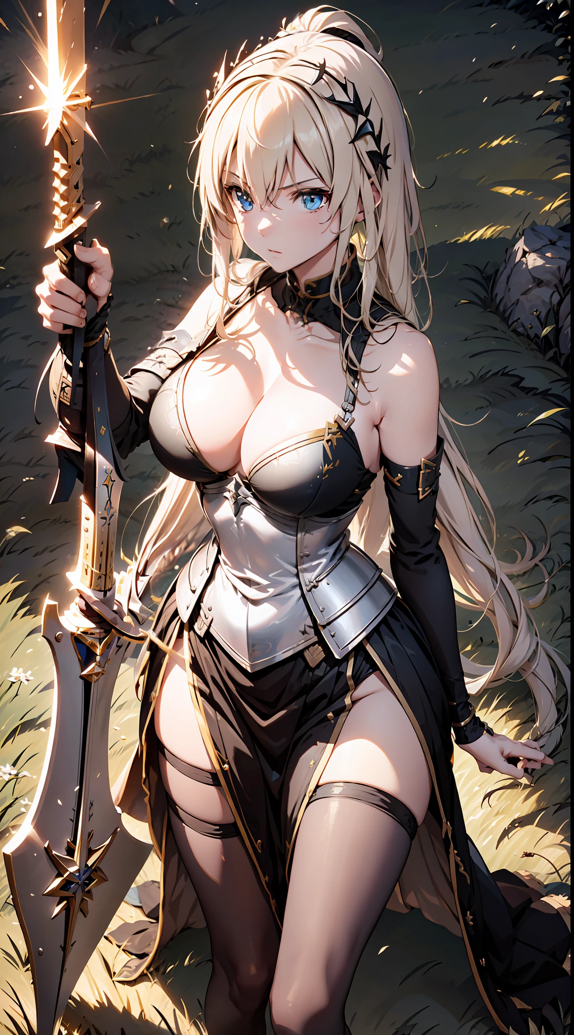 Jeanne D'arc Alter, fate, Joan of Arc Alt holds a black sword in her hand,Raise up on the battlefield, 8K, japanese anime style high resolution, Perfect hand, Perfect eye, A detailed eye, The detailed hand, Armor, Raise Hand, Screaming, Angry expression, 2D illustration , Blonde hair, midday sunlight, disrupt, medieval battle in the background