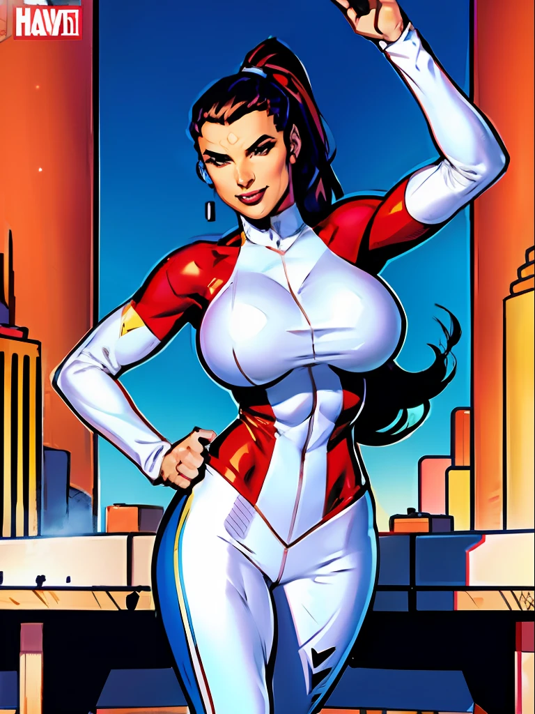 1girl, sexy pose, posing for cameras, hands on hips, Stretcher the busty comic book woman, happy, smiling, stretching, hand on hip, long hair, huge ponytail, slim, thin, athletic, womanly, rubbery, elastic woman, white and red spandex, rubber body, brunette, ((huge breasts)), city, heroic, cheerful, (bold nose, hawkish facial features),