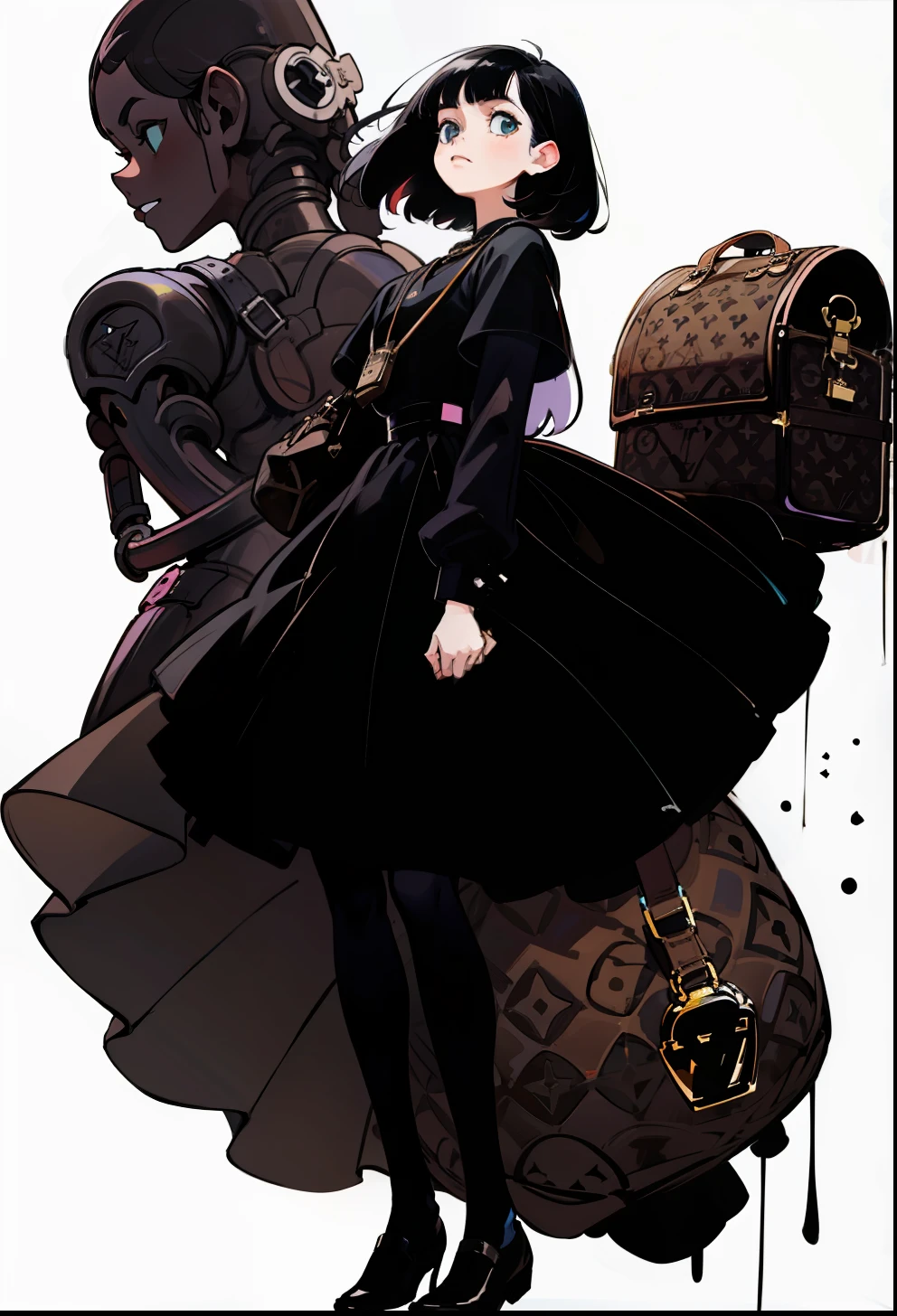 Black hair, 1Girl, Louis Vuitton apparel, stand up