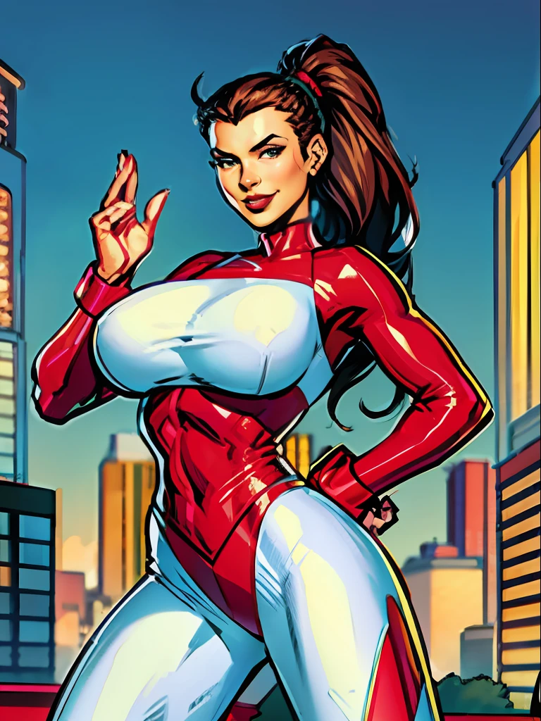 1girl, sexy pose, cheerful, posing for cameras, hands on hips, Stretcher the busty comic book woman, happy, smiling, stretching, hand on hip, long hair, huge ponytail, slim, thin, athletic, womanly, rubbery, elastic woman, white and red spandex, rubber body, brunette, ((huge breasts)), city, heroic, cheerful, (bold nose, hawkish features),