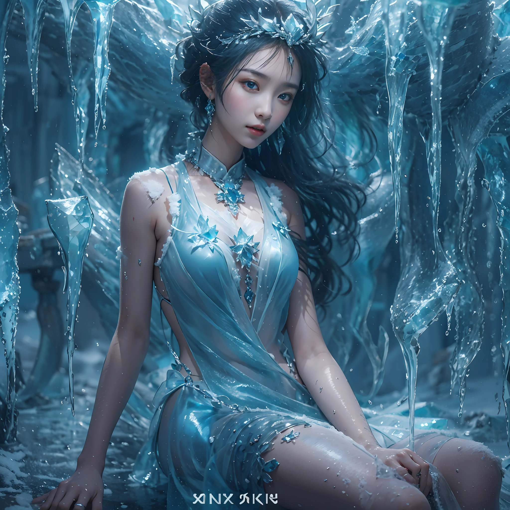 (((1girll))),Imperial water,A magician,(Loose dress:1.5),(Perfect facial features:1.4),(Blue silk robe),(Mysterious magic formations:1.2),Blue glow,(Frost wings),(((Powerful ice magic))),(((Icicles))),Towering over the landscape,Blue light cold light,(((Ice storms))),Wind,((Flying snow ice and snow)),Amazing results,,best qualityer,tmasterpiece,超高分辨率,finely detailled,Complicated details,8K分辨率,8KUCG wallpaper,hdr,water blue,Magic Array,Cinematic lighting effects,lightand shade contrast,Ray traching、NVIDIA RTX