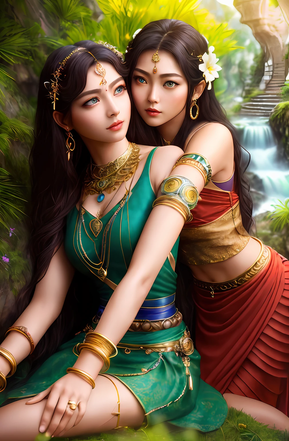 ((Realistic:1.5)),Ulzzang-6500:1.3，((Best quality)), ((Masterpiece)),((Detailed)),2girls,duo,{2 beautiful women}, (Upper body:1.3),Hug and touch each other, Tease your friend's waist, Breathless friends, Biting a friend's earlobe, crouched,super wide shot,Face focus, Long legs,Curvy, Barefoot,Wide hips, Thin legs, Oversized eyes,Long eyelashes, (Detailed face,beautidful eyes, detailedpupils,detailed clothes features, Clear background:1.3), (armlets, bangle:1.3), Mysterious ancient ruins, floresta exuberante, Deep canyon,bridge,River,cliff,Cloud,lakes,Rock music,Waterfalls, Flowers, Grass,grape trees,tree,bright detail,Sharp,Perfect compounding, Intricate, Sharp focus, Dramatic,