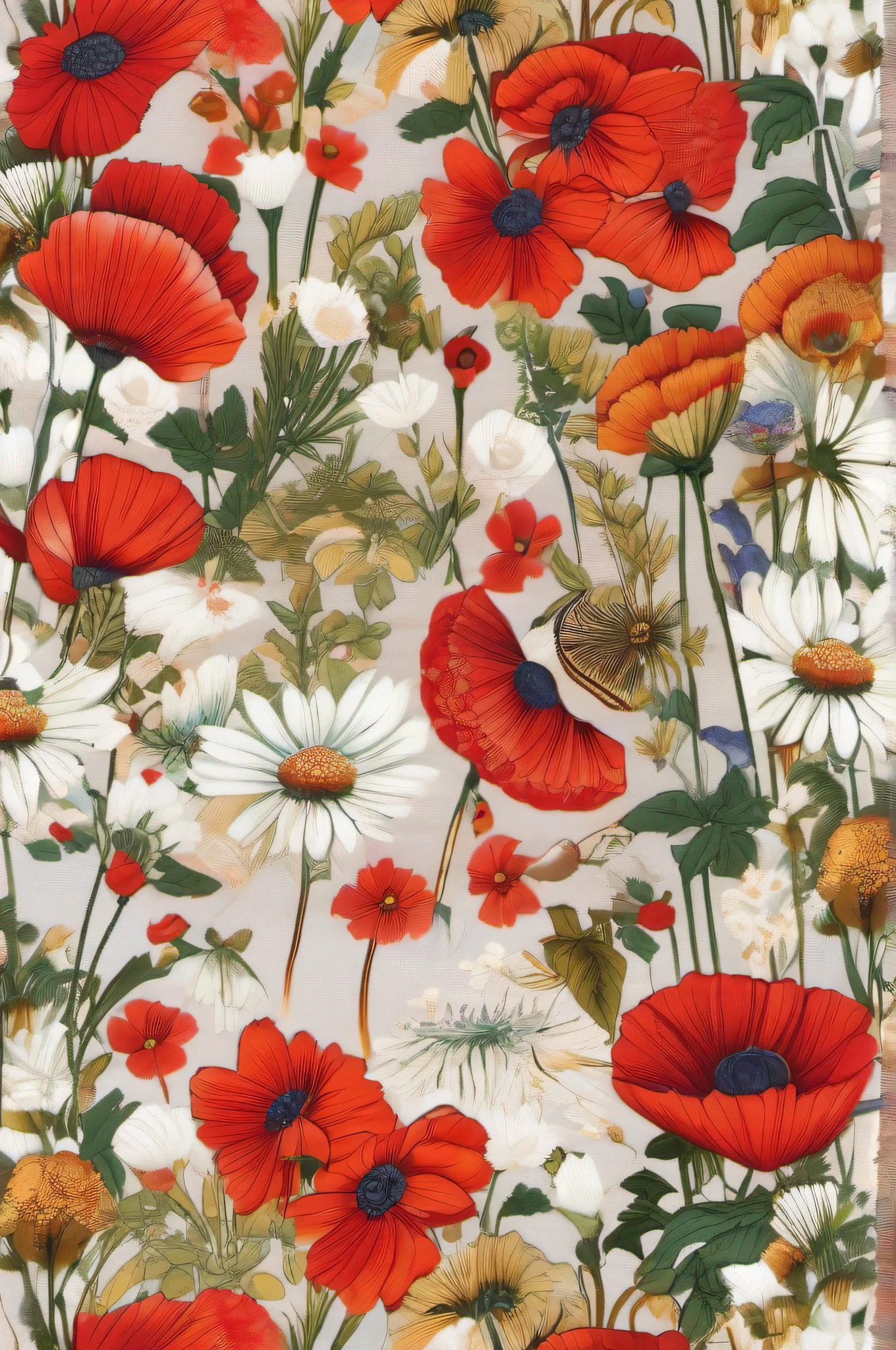 Mix Japan fans、Daisies and poppies, dull color and white bloom,, Floral clothing, , Cotton fabric, Botanical Prints, Floral Couture, official print, Textile Prints, Graphic printing, Flower pattern in the garden, Red flowers, Red floral dress, Floral design, Floral Skin, red flowers of different types, Floral Burine, Wildflowers