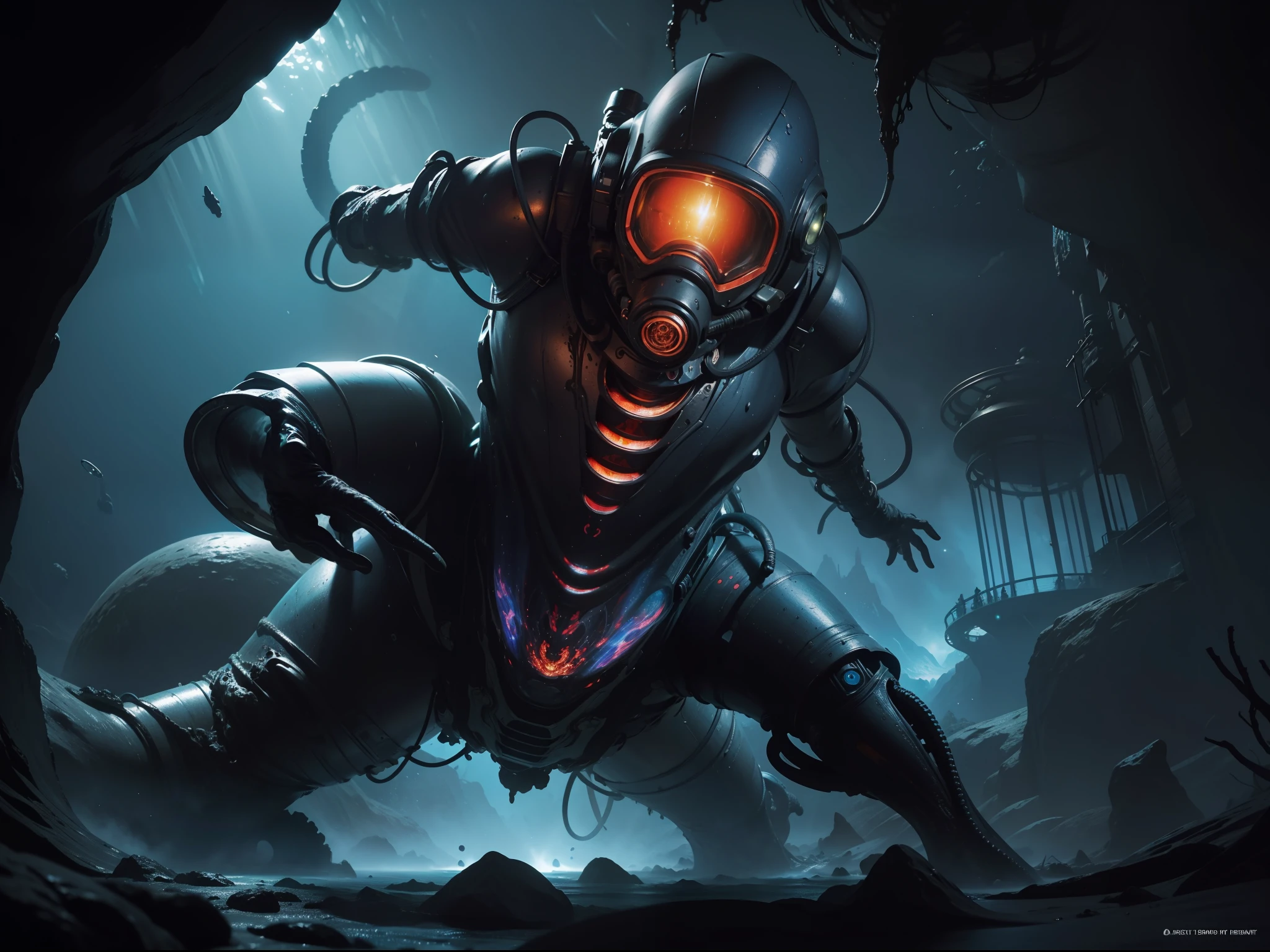 Alien Deep-sea diver, diving helmet, underwater, alien planet, Space Octopus, darkness, made of colours, muscles and movement, splash style of colourful paint, hyperdetailed intricately detailed, fantastical, intricate detail, complementary colours, liquid, gooey, slime, splashy, fantasy, concept art, 8k resolution, masterpiece, melting, complex background, intricate detailed, bright colors, fantasy, concept art, digital art, intricate, oil on canvas, masterpiece, expert, insanely detailed, 4k resolution, fairy tale illustration, dramatic