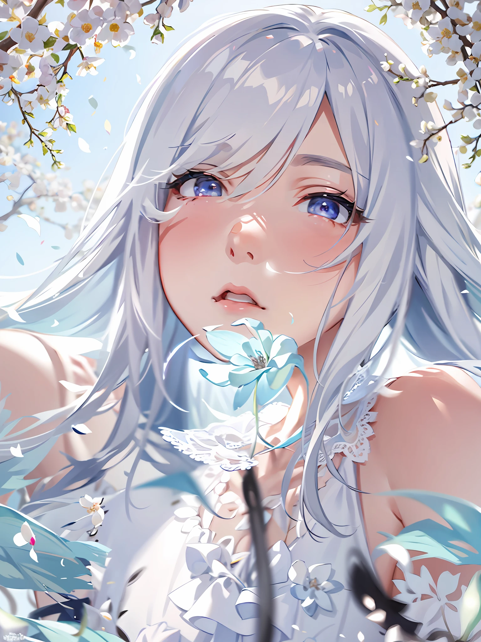 (tmasterpiece,best qualtiy:1.6),White lace dress,The upper part of the body,beuaty girl,(blossoms,many small white petals:1.3),trpical garden,blue-sky,looking at viewert,offcial art,RAW photogr,Incredibly Ridiculous res,face illuminated,动态照明,cinmatic lighting,Ultra photo realsisim,A high resolution,photography of,Sharp focus,highest details,extremy detailed,ultra - detailed,finedetail,Extremely detailed eyes and face,Rose flower