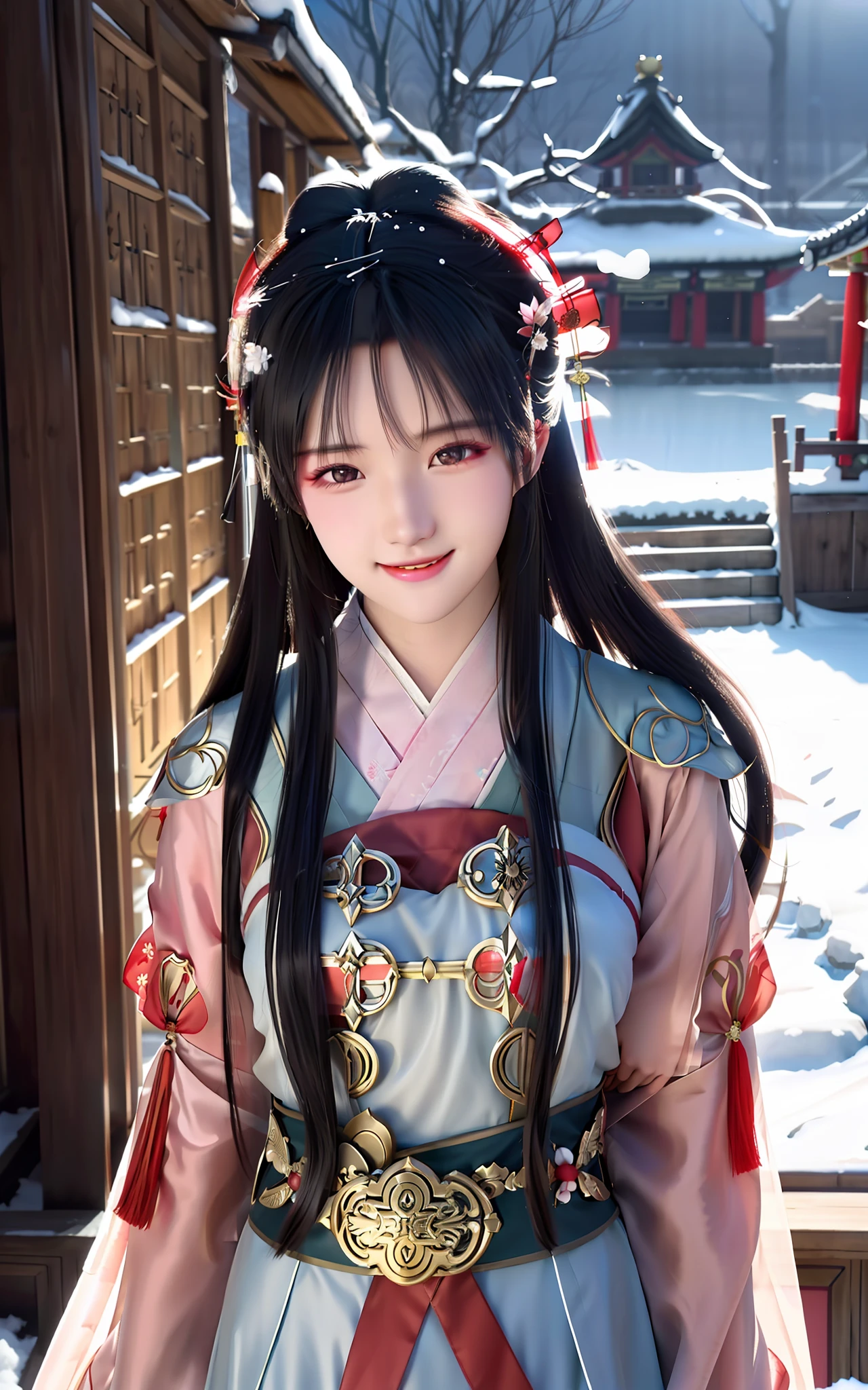 High resolution, 1girl, (glamorous smile: 0.8), Chinese Hanfu, red Hanfu, hair accessories, snow, beauty, ultra-high-definition pictures, complex and detailed light, shadow and refraction, exquisite and high-quality atmospheric lighting, Octane rendering engine, focus Clear, high contrast, high resolution, cinematic concept photography