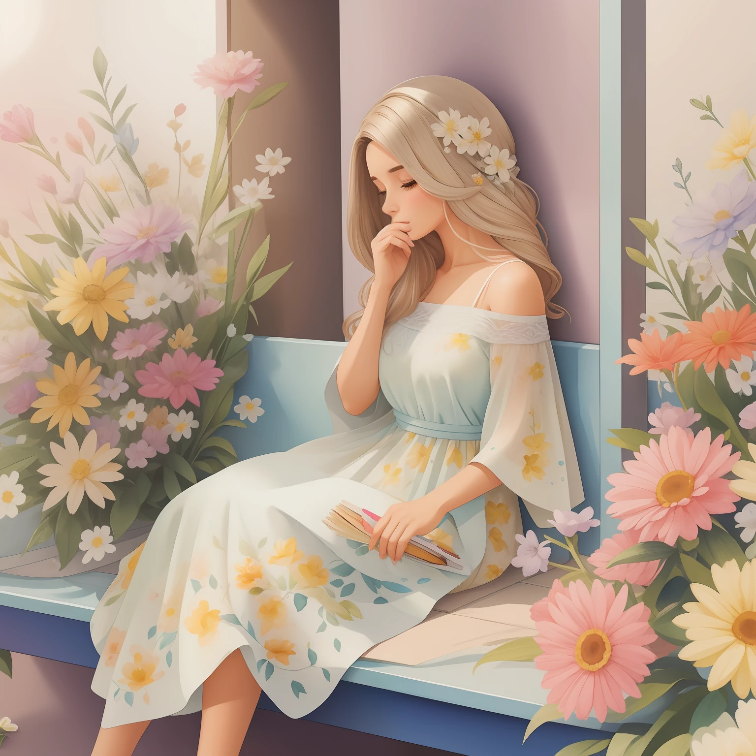 Pintura em aquarela de um mulher sentada em um banco com flores em volta ... mulher de vestido ... cabelos cacheados