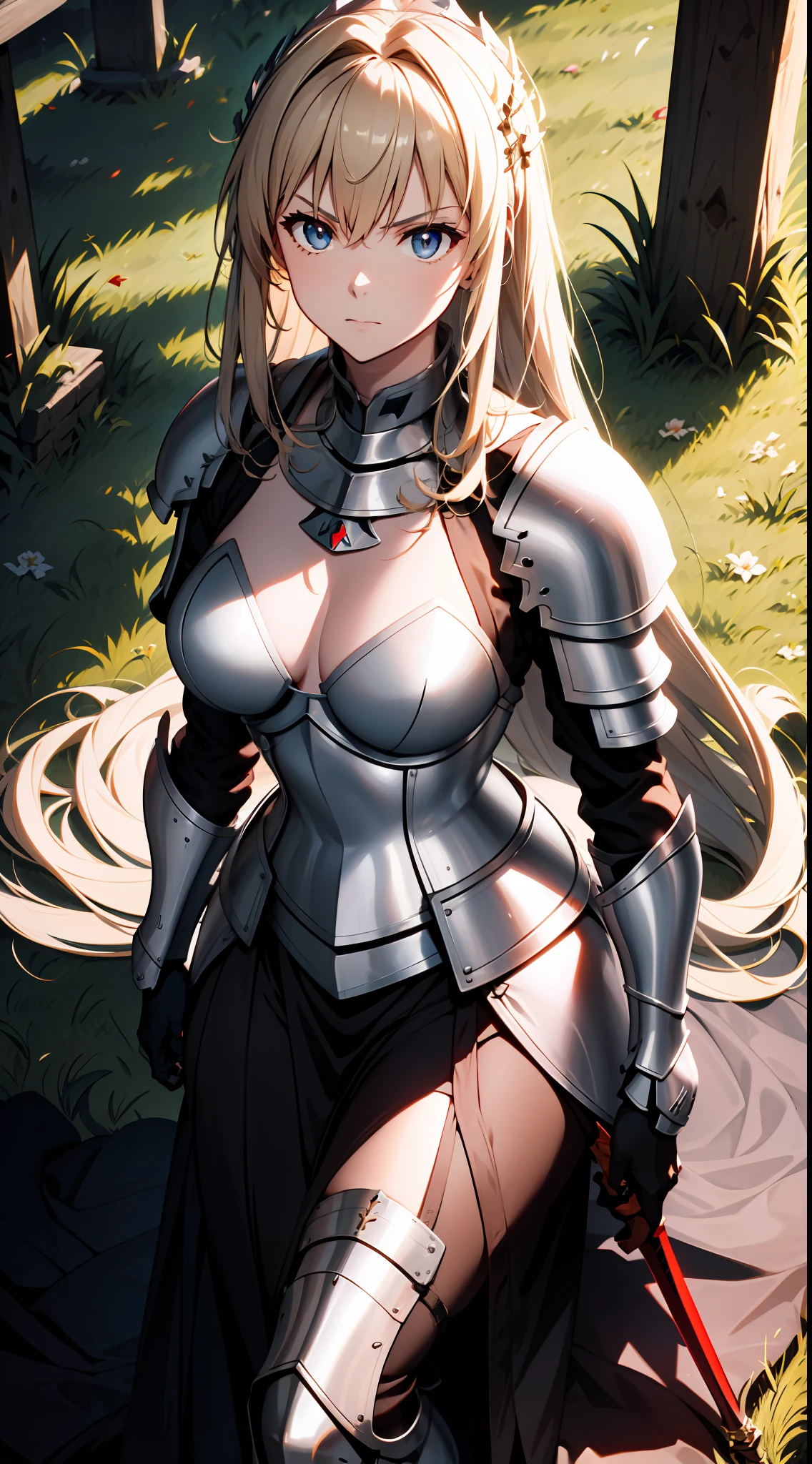 Jeanne D'arc Alter, fate, Joan of Arc Alt holds a black sword in her hand,Raise up on the battlefield, 8K, japanese anime style high resolution, Perfect hand, Perfect eye, A detailed eye, The detailed hand, Armor, Raise Hand, Screaming, Angry expression, 2D illustration , Blonde hair, midday sunlight, disrupt, medieval battle in the background
