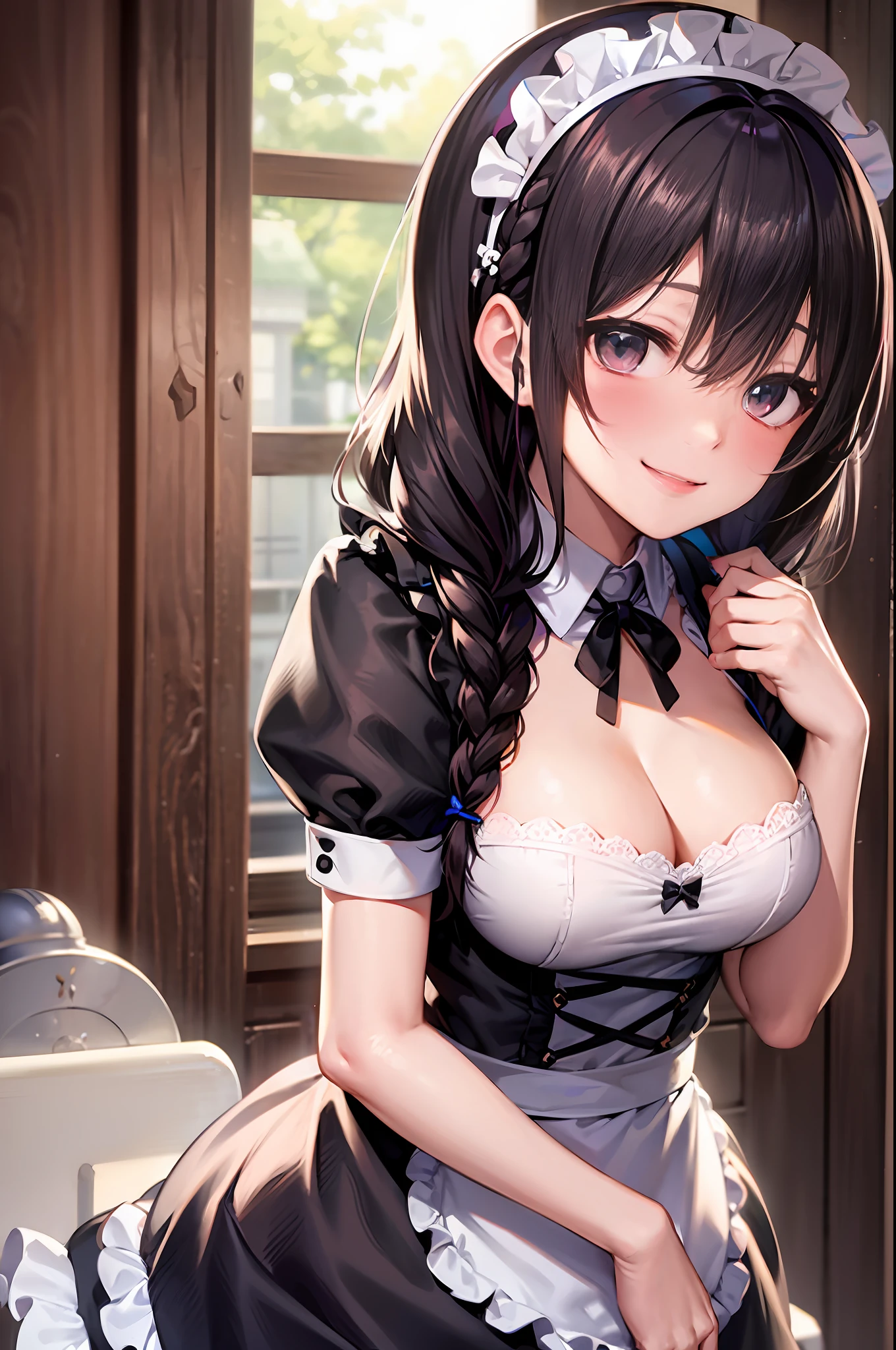 Black braided hair, maid outfit, e cup, smiling, (blushing face:1.3), cafe background, glowing eyes