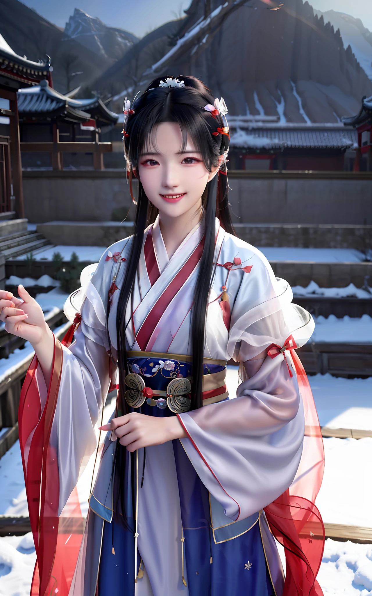 High resolution, 1girl, (glamorous smile: 0.8), Chinese Hanfu, red Hanfu, hair accessories, snow, beauty, ultra-high-definition pictures, complex and detailed light, shadow and refraction, exquisite and high-quality atmospheric lighting, Octane rendering engine, focus Clear, high contrast, high resolution, cinematic concept photography
