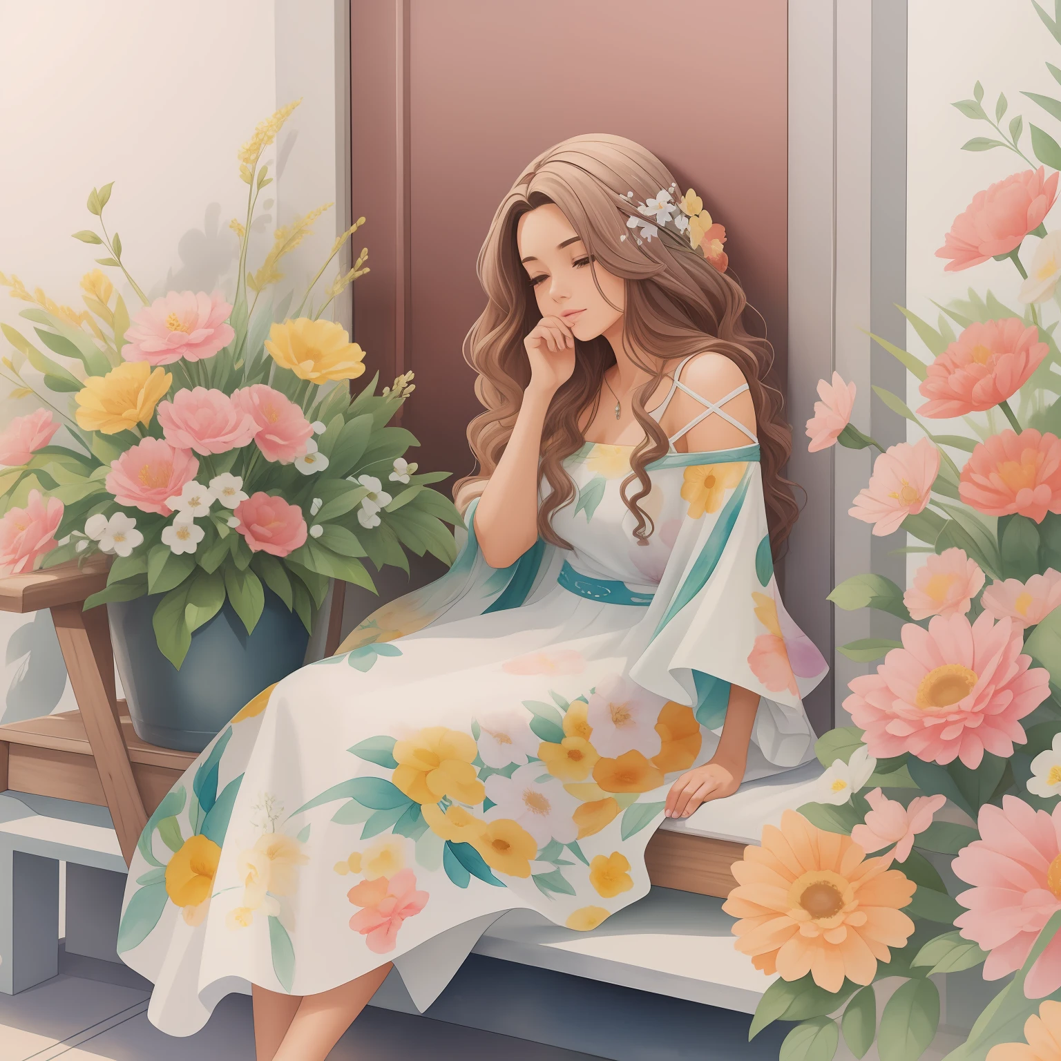 Pintura em aquarela de um mulher sentada em um banco com flores em volta ... mulher de vestido ... cabelos cacheados